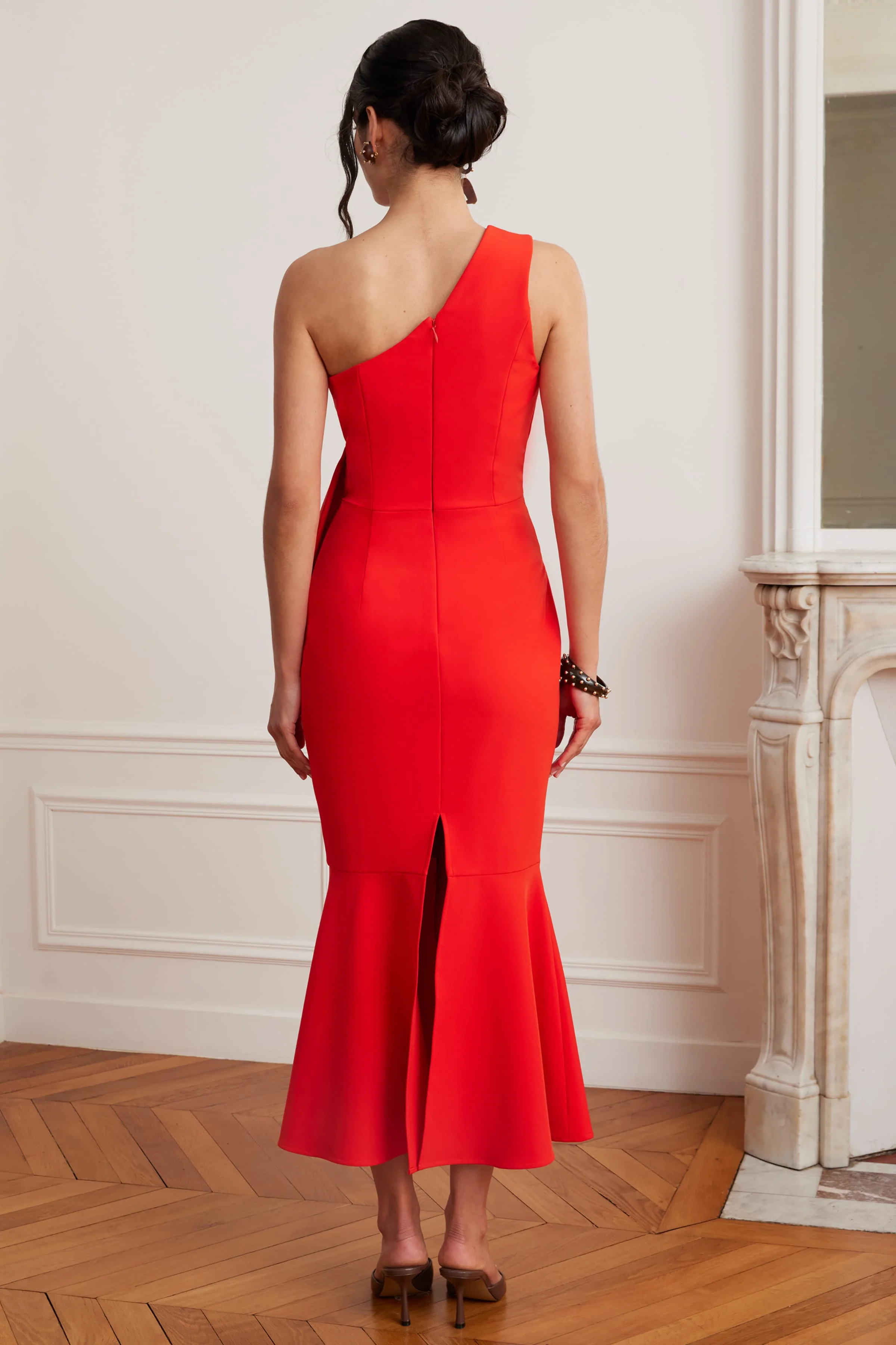 ADELAIDE One Shoulder Fluted Midi Hem Dress With Bow Detail In Red - Image 3