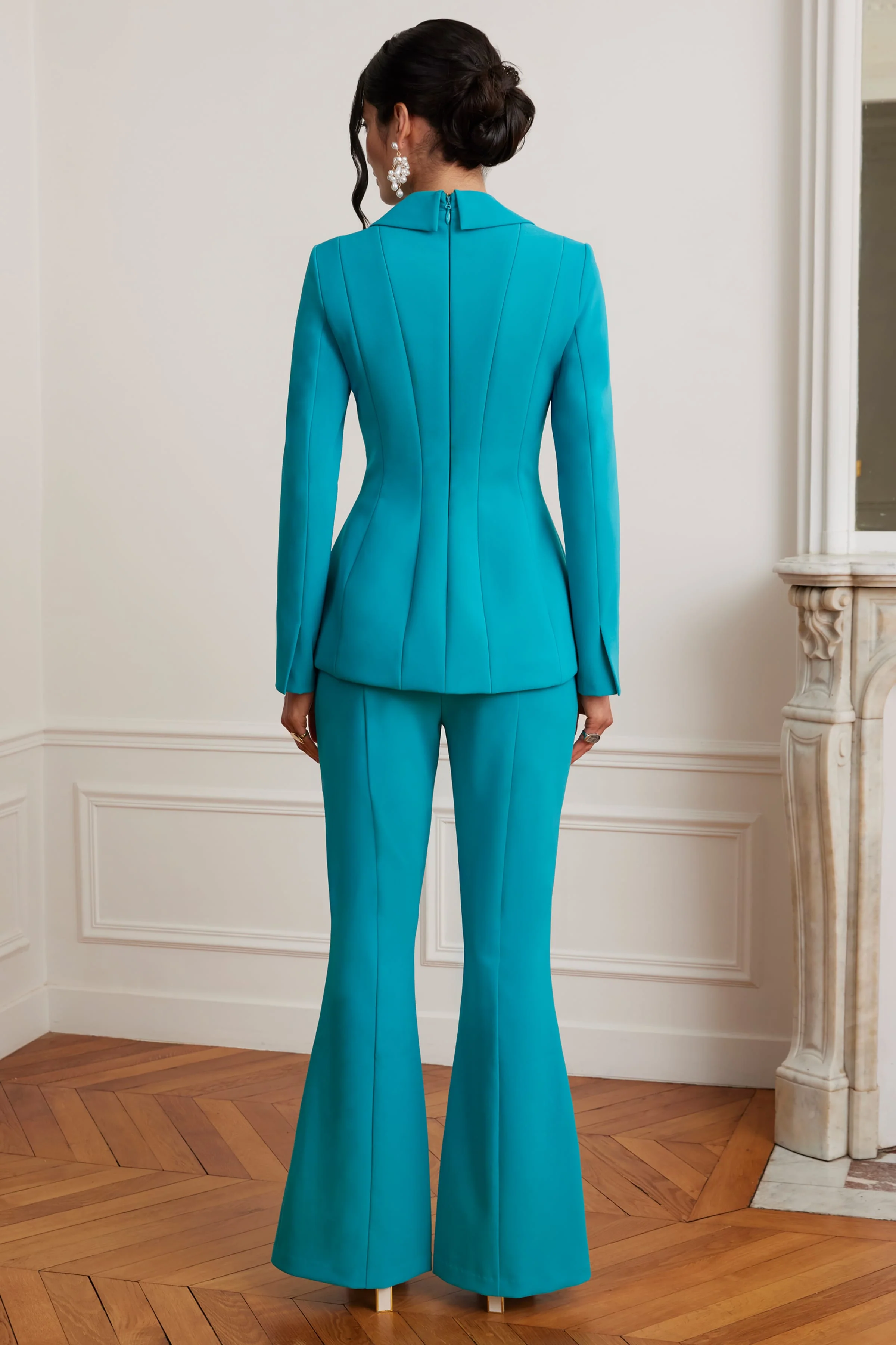 FIORELLA Sculptured Blazer with Gold Bow Hardware in Teal Blue - Image 3