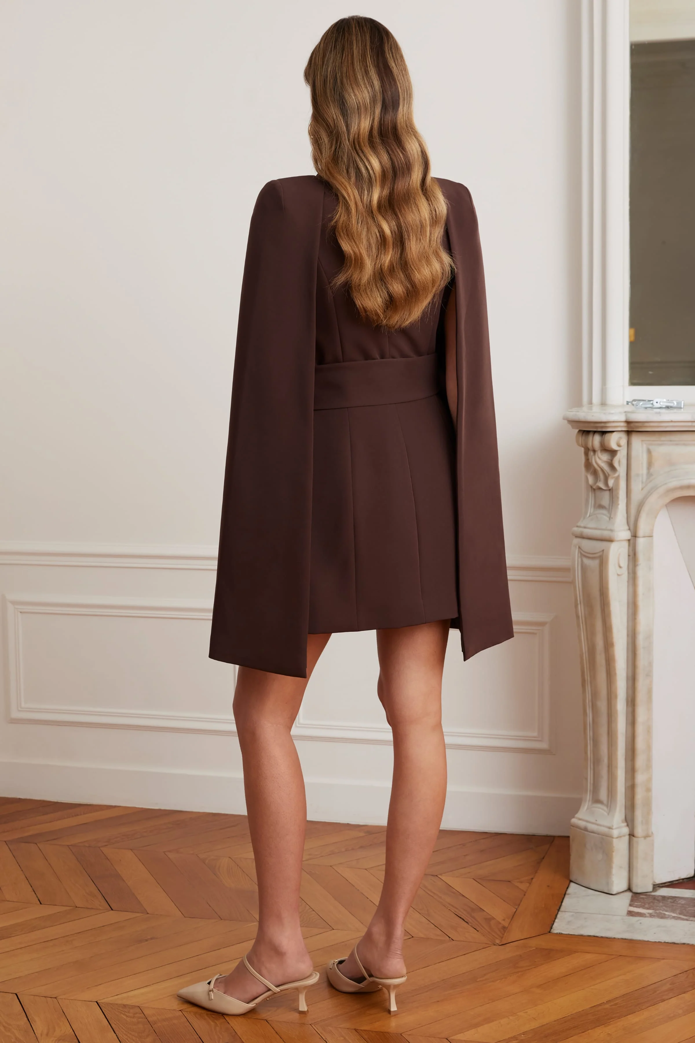 ALEXANDRA Cape Sleeve Self Wrap Mini Dress In Dark Brown - Image 3