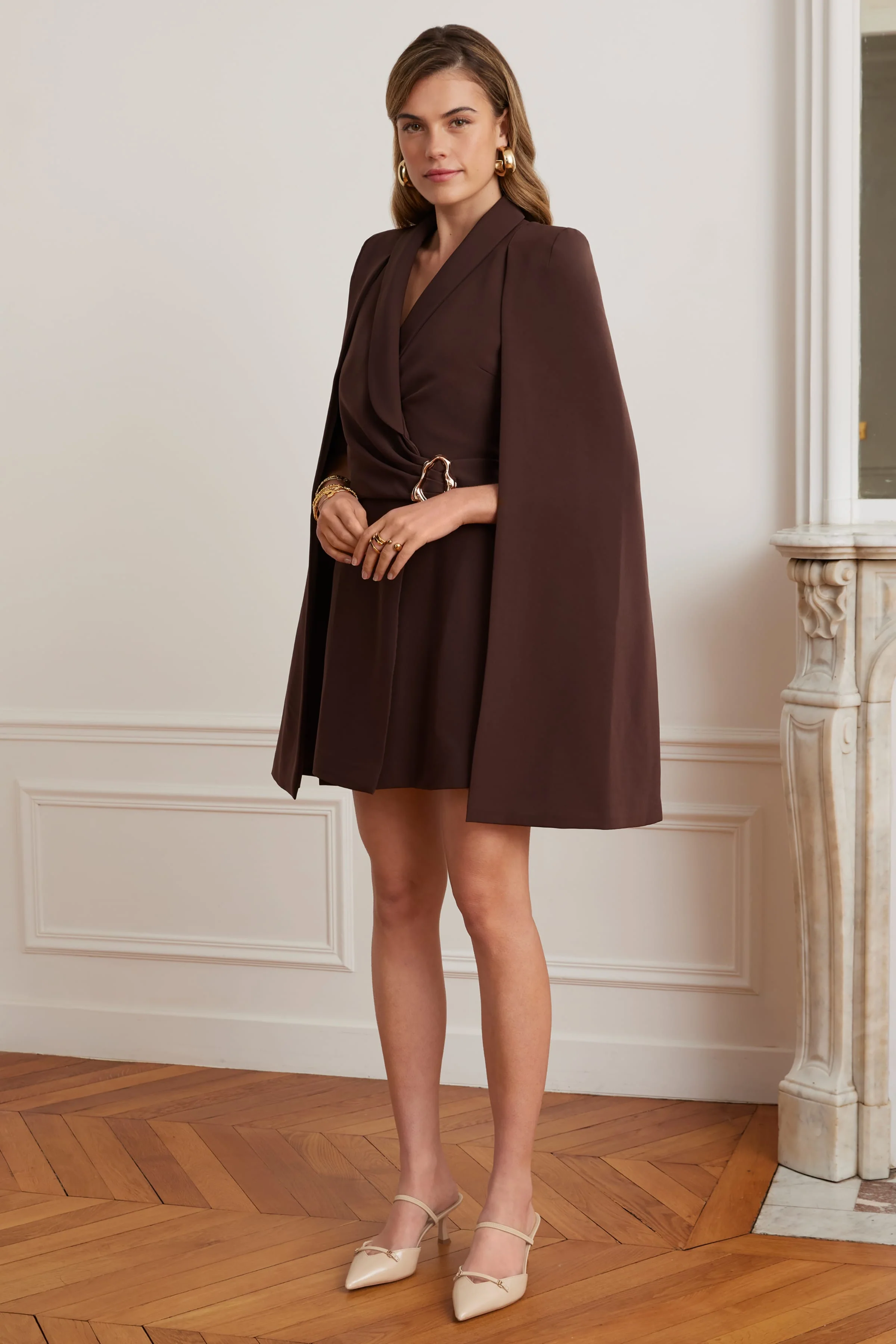 ALEXANDRA Cape Sleeve Self Wrap Mini Dress In Dark Brown - Image 5