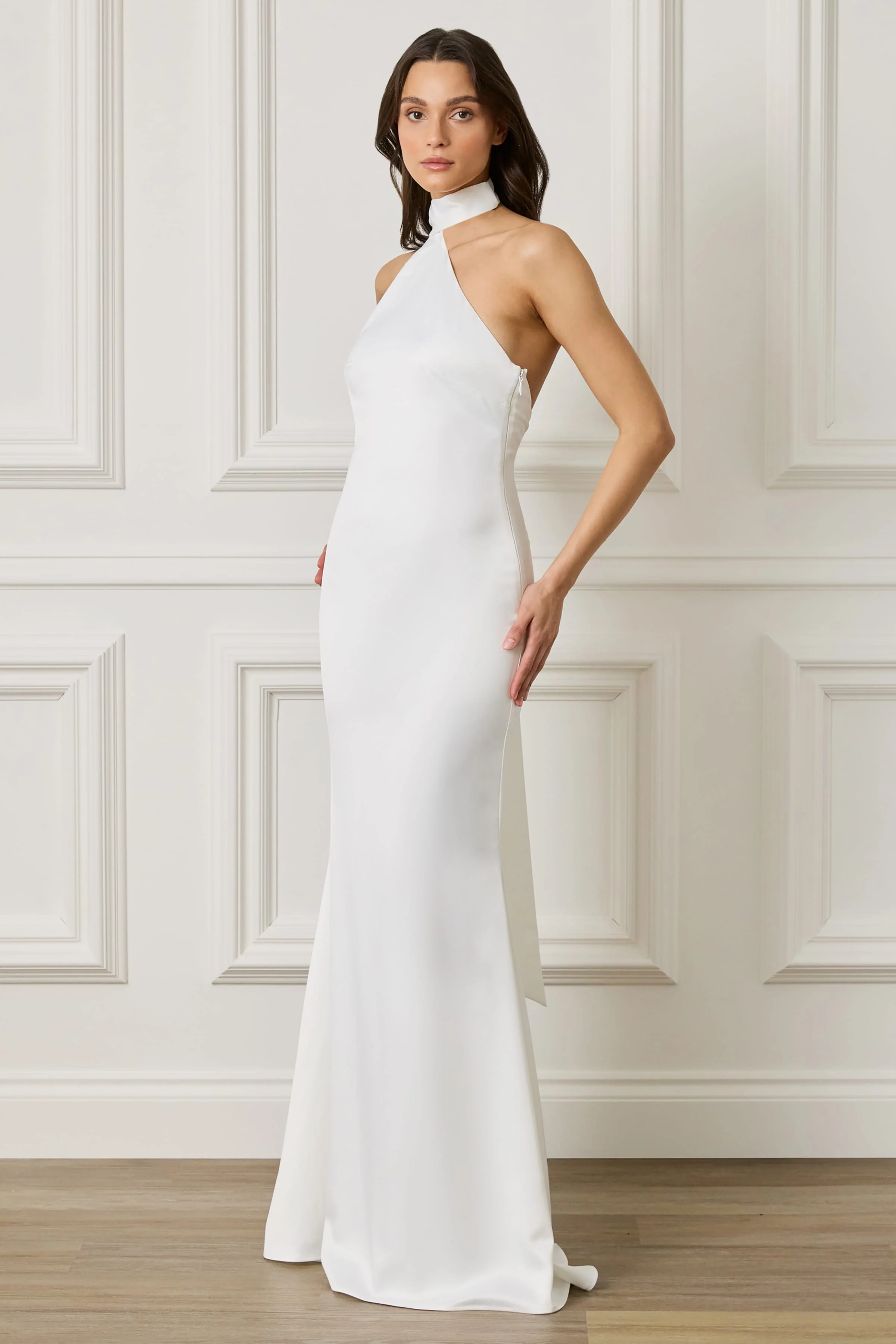 ALIANA Satin One Shoulder Maxi Dress With Scarf In Ivory - Image 4
