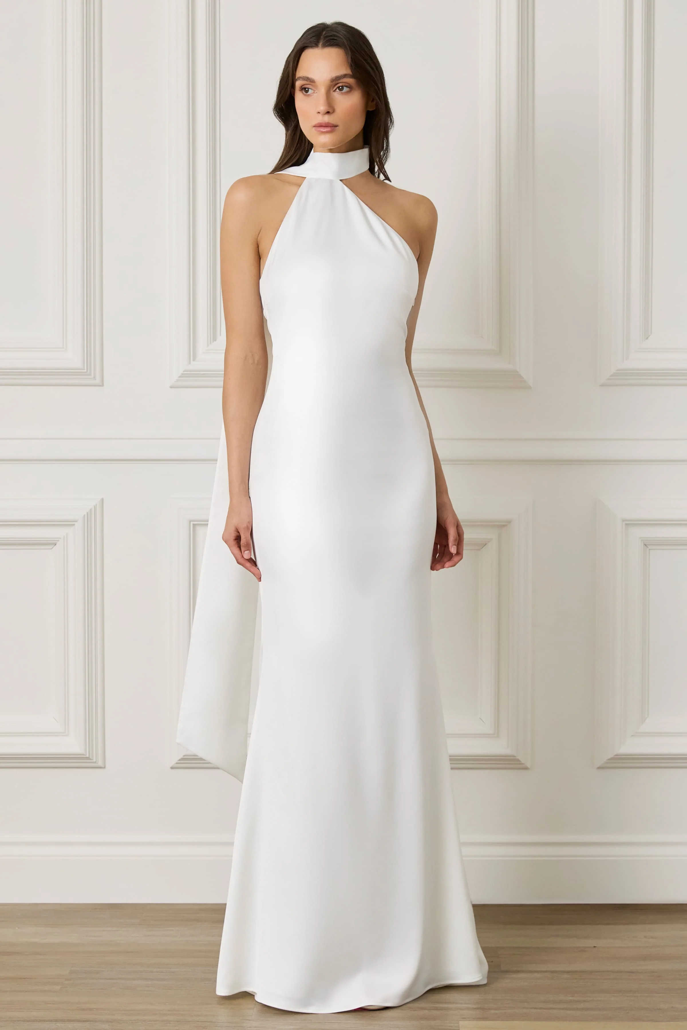 ALIANA Satin One Shoulder Maxi Dress With Scarf In Ivory - Image 5