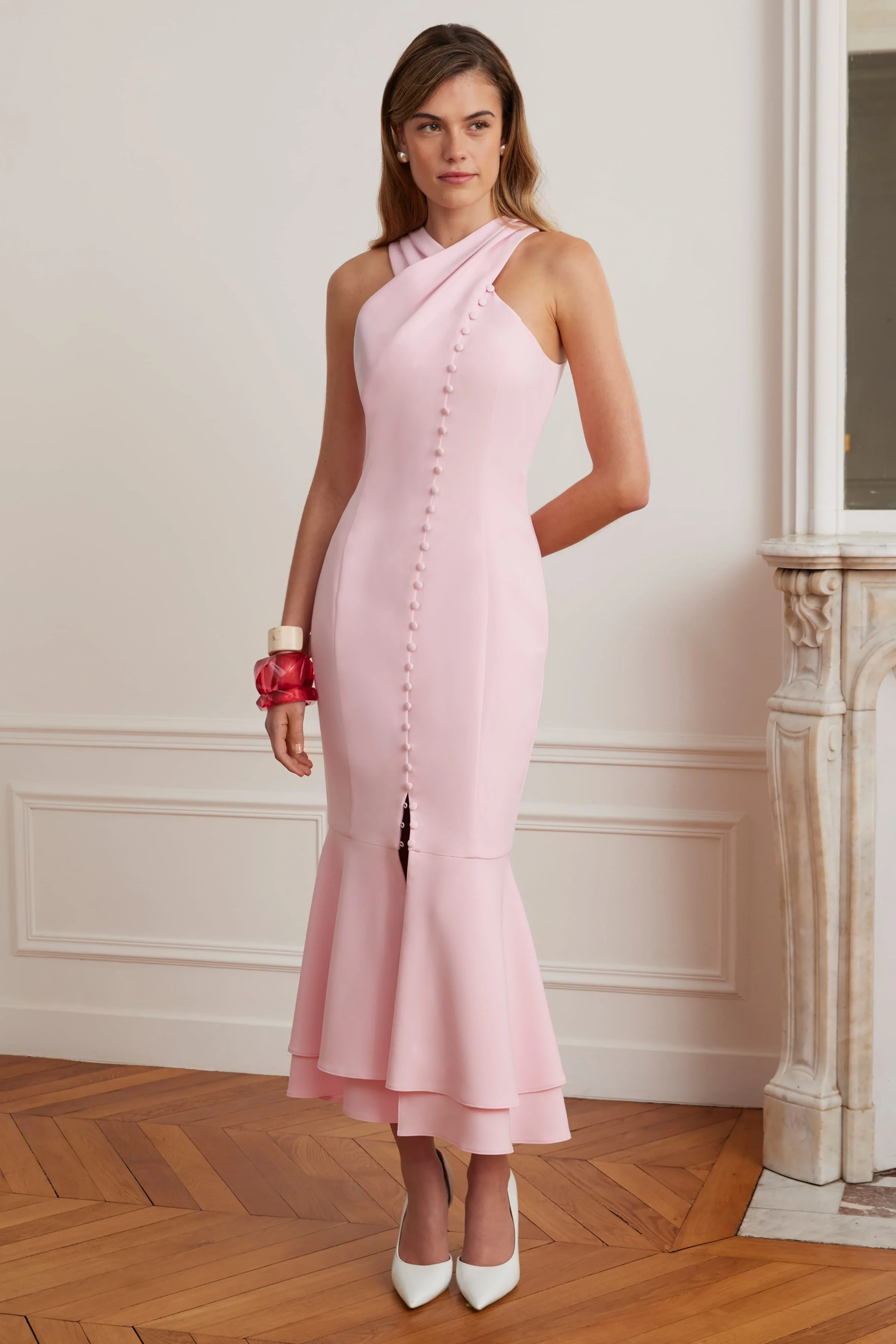 ALTHEA Cross Neck Button Through Fishtail Midi Dress In Pink