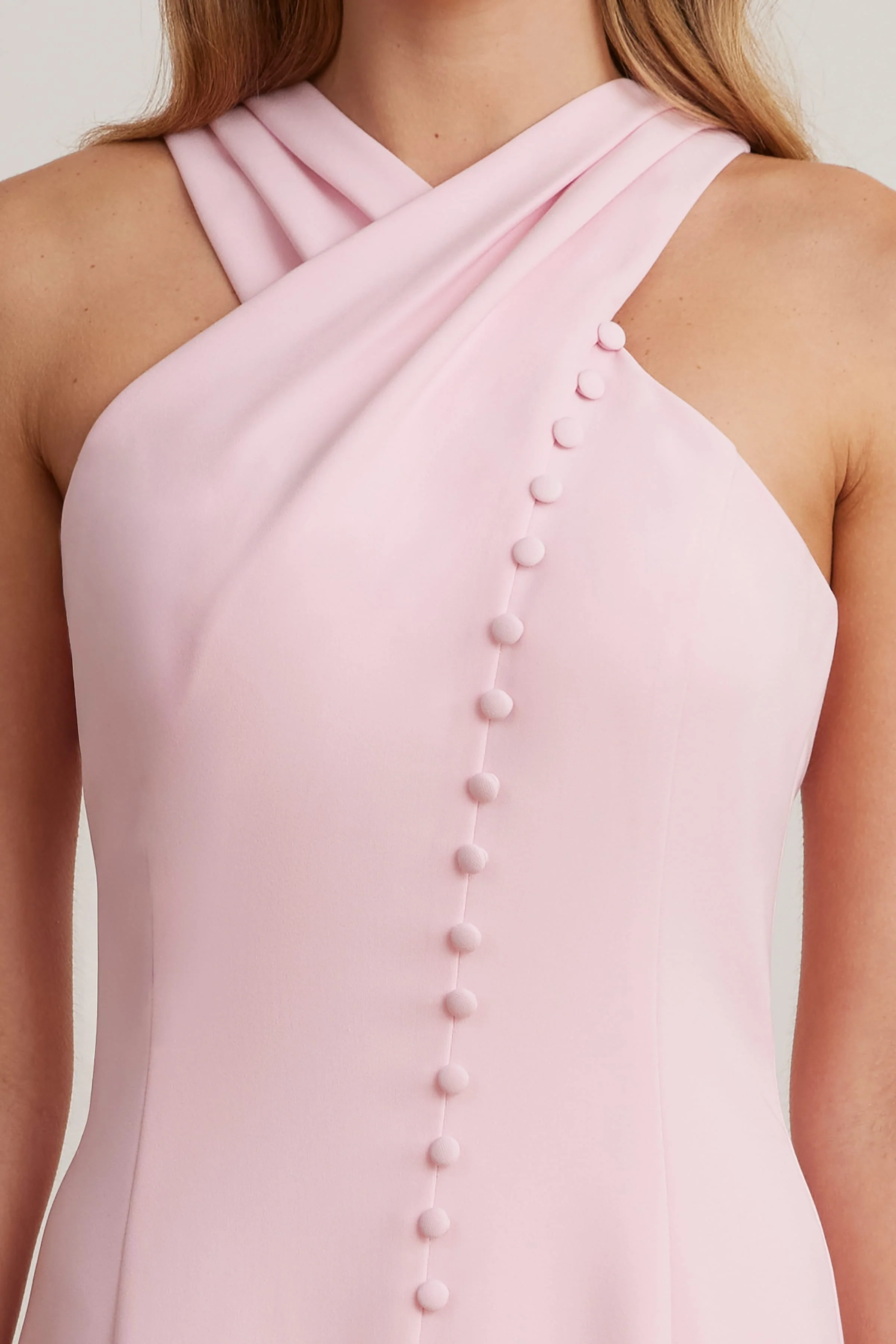 ALTHEA Cross Neck Button Through Fishtail Midi Dress In Pink - Image 2