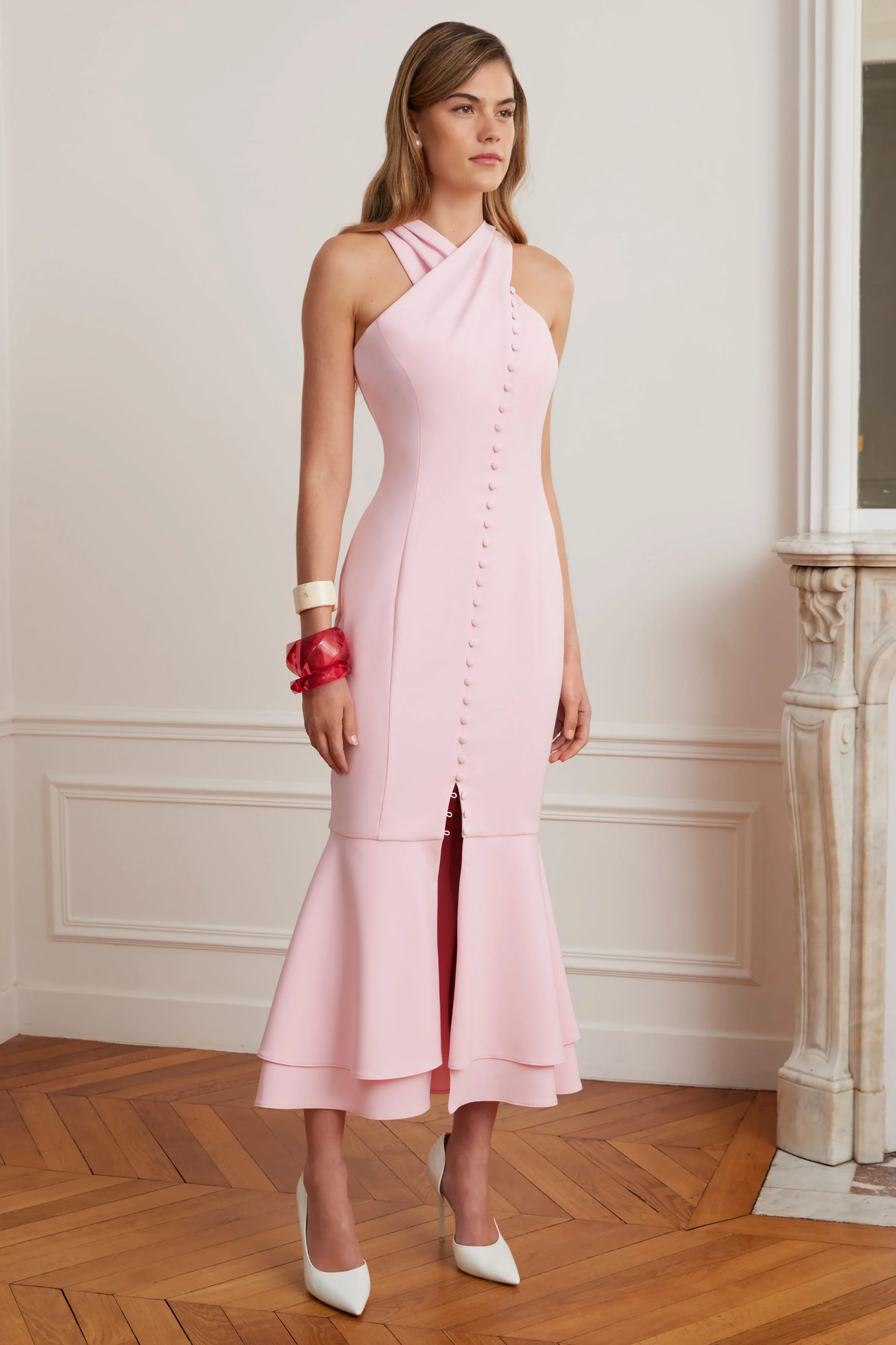 ALTHEA Cross Neck Button Through Fishtail Midi Dress In Pink - Image 3