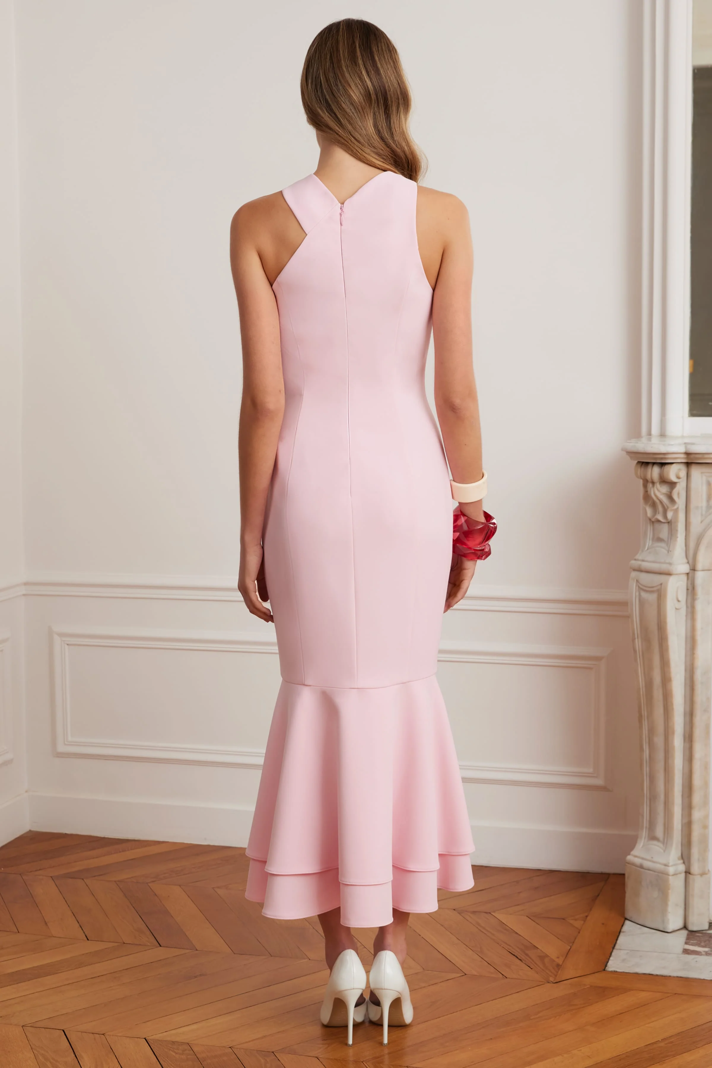 ALTHEA Cross Neck Button Through Fishtail Midi Dress In Pink - Image 4