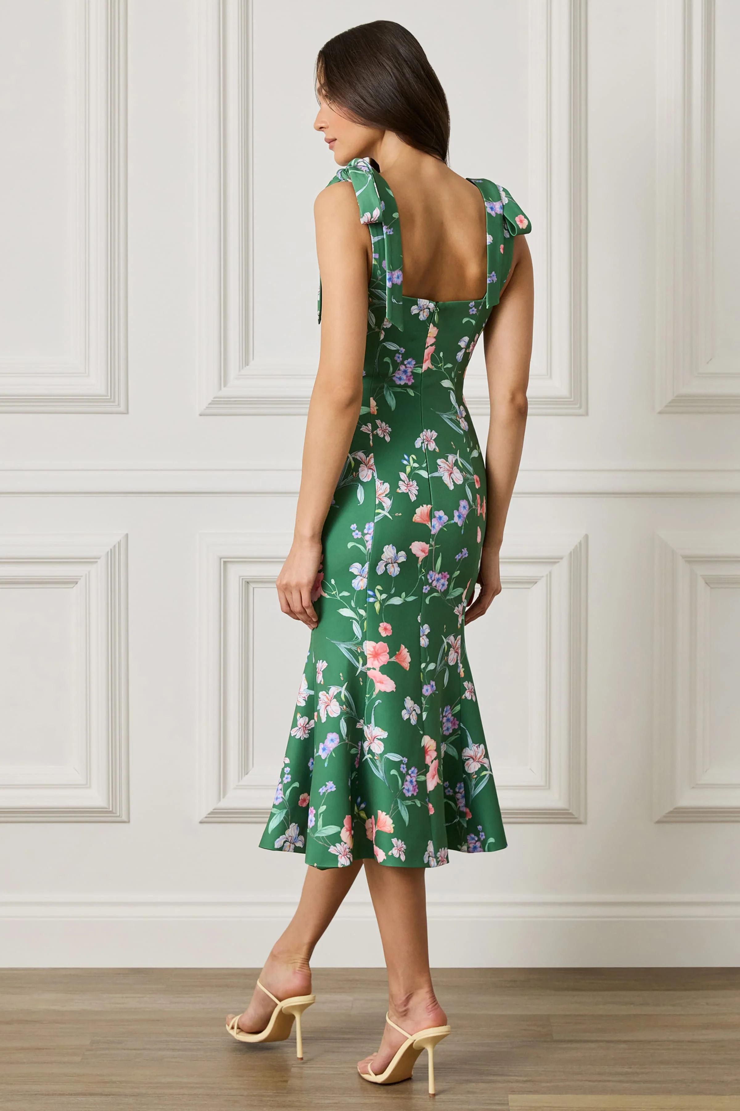 AMABELLA Tie Shoulder Fishtail Midi Dress in Green Floral Print - Image 3