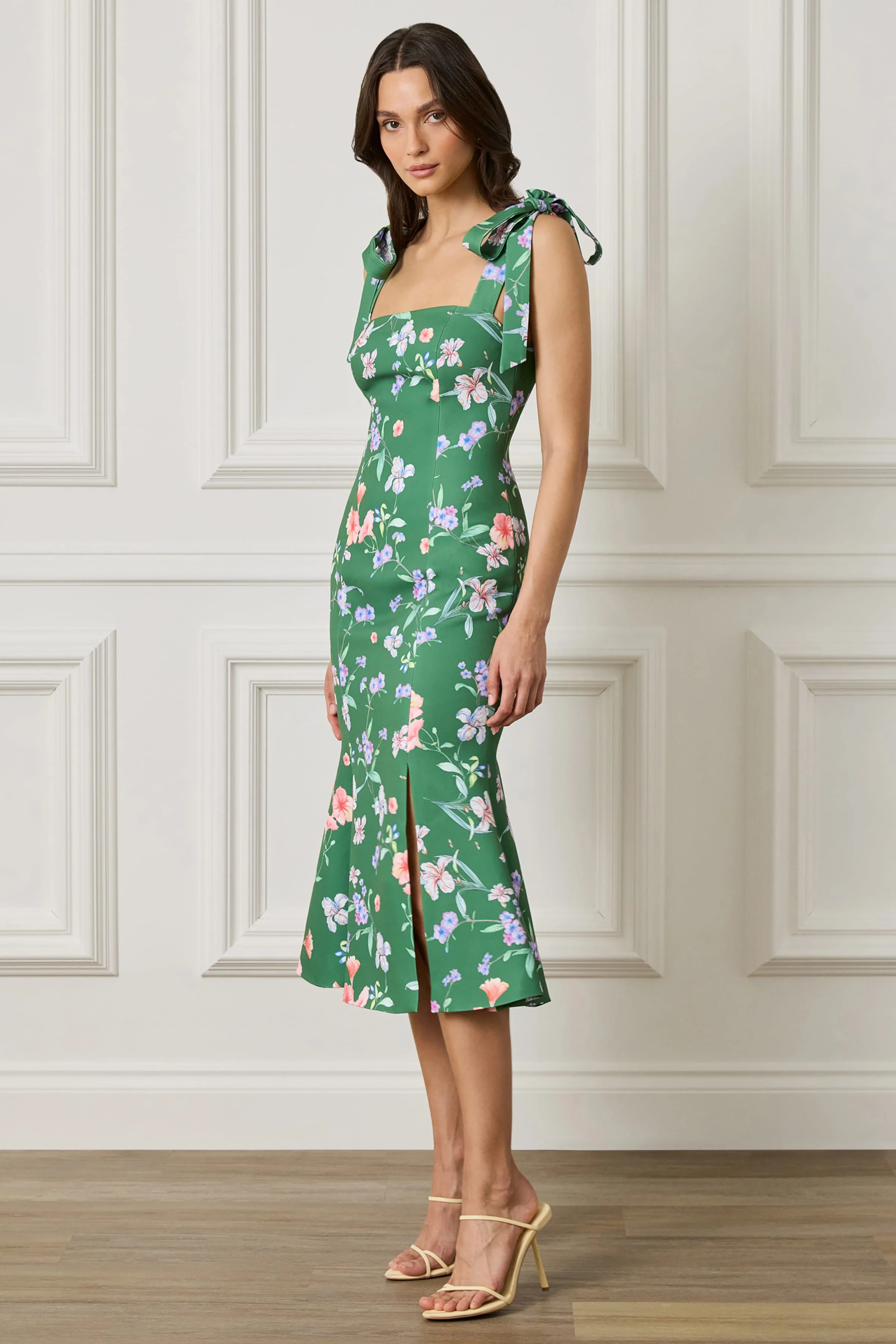 AMABELLA Tie Shoulder Fishtail Midi Dress in Green Floral Print - Image 5