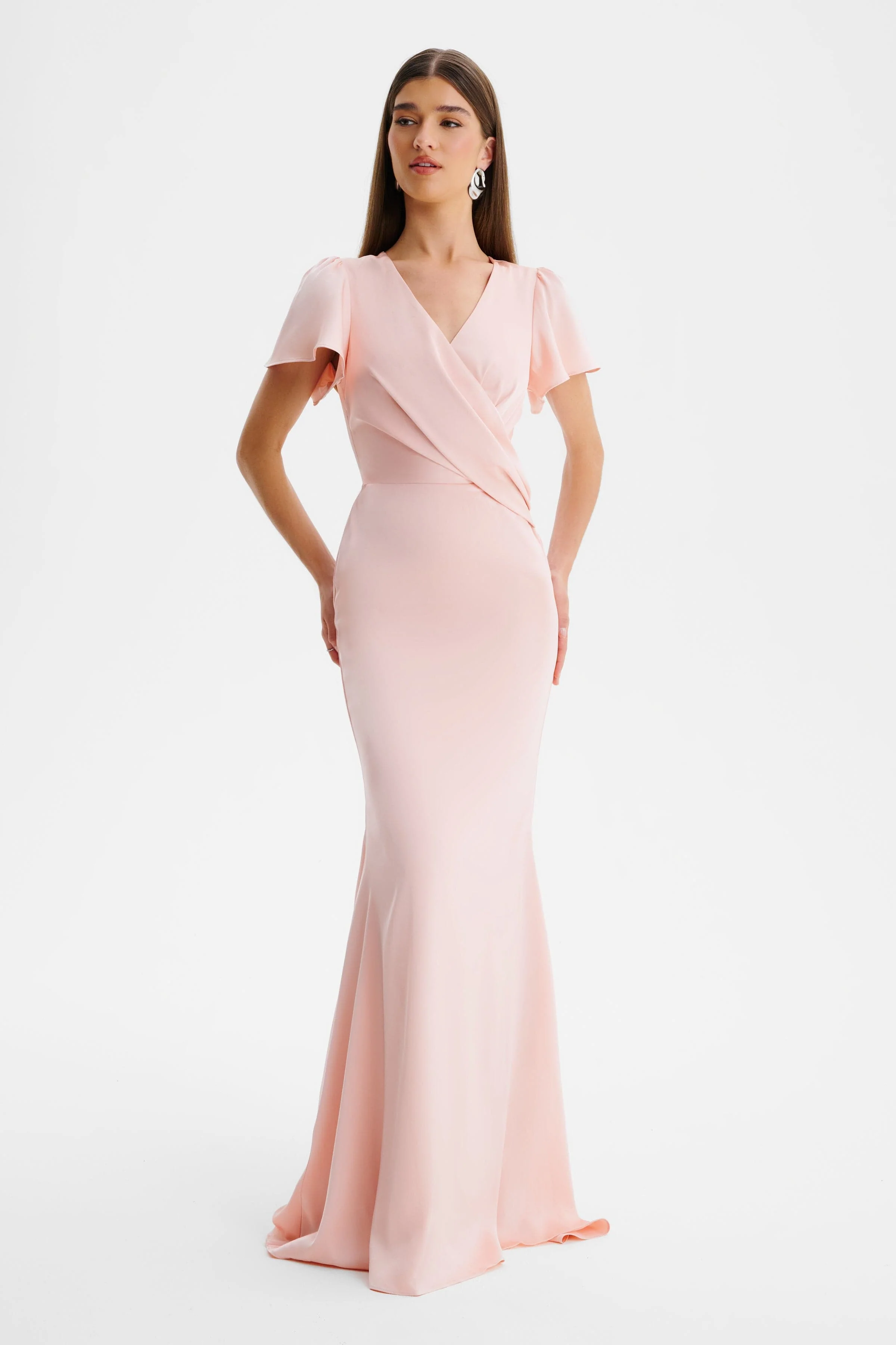 BEAU Draped Wrap Satin Maxi Dress with Sleeves in Pink - Image 2