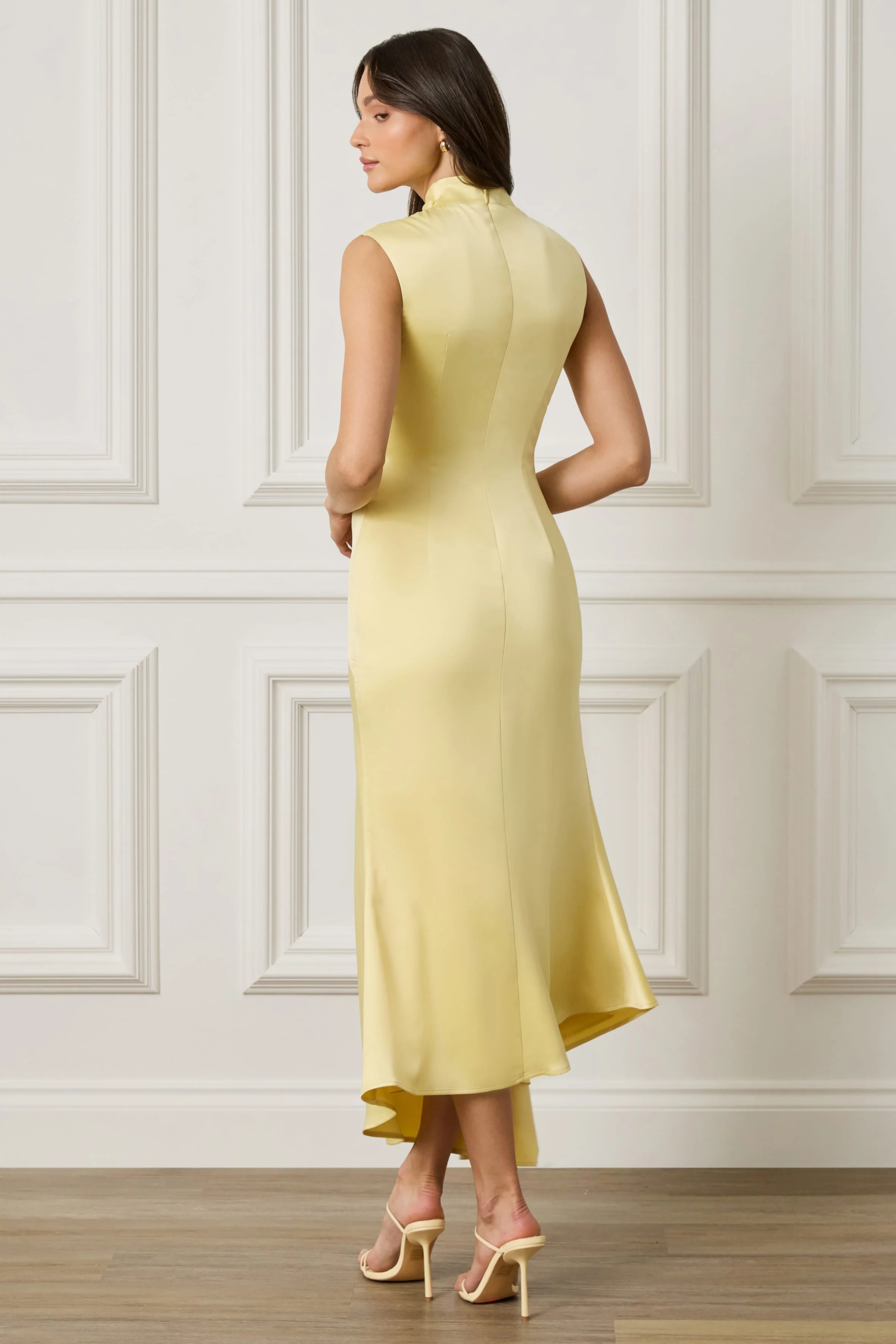 BREA Asymmetric Draped Satin Waterfall Midi Dress in Yellow - Image 3