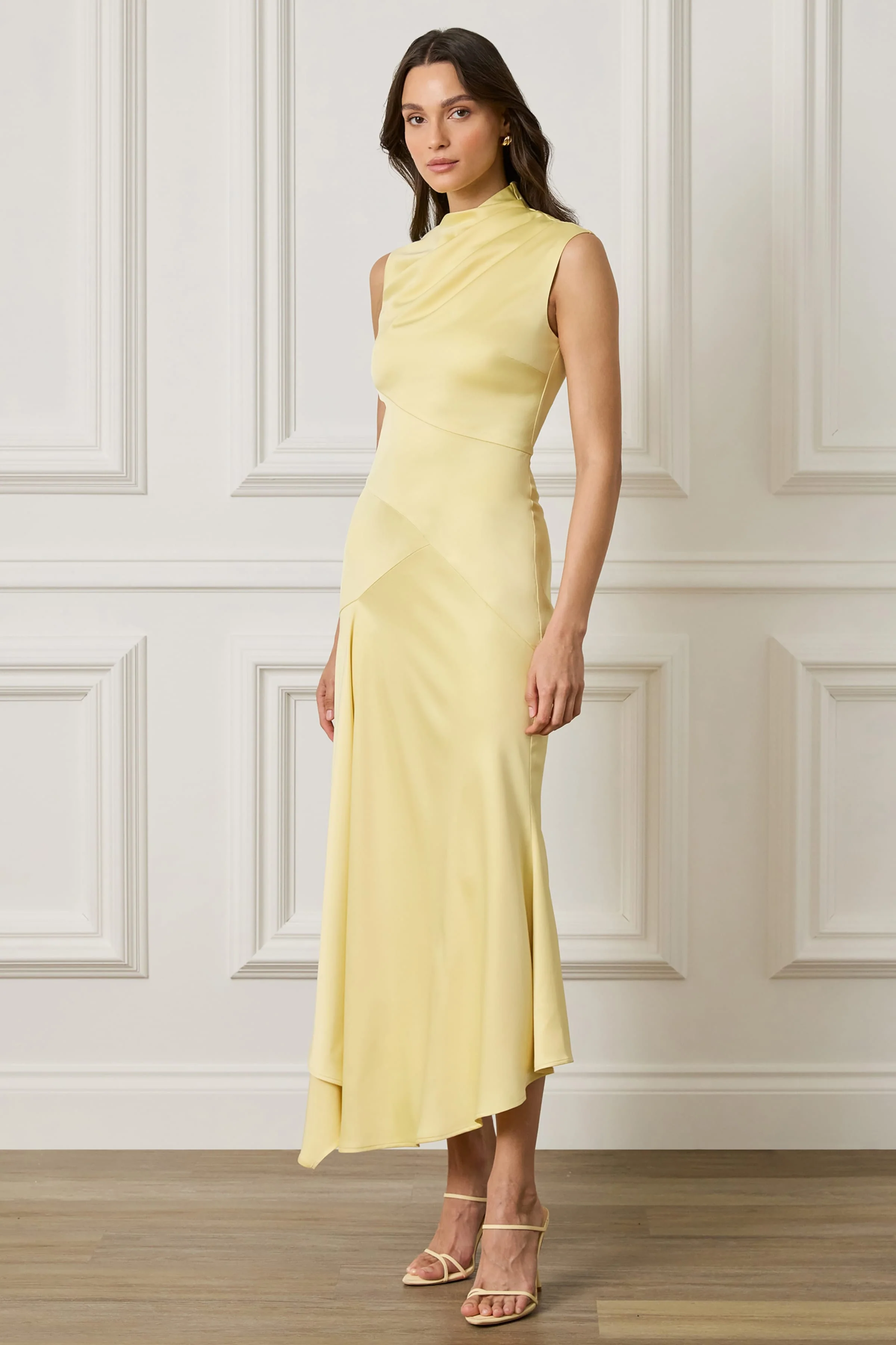 BREA Asymmetric Draped Satin Waterfall Midi Dress in Yellow - Image 5