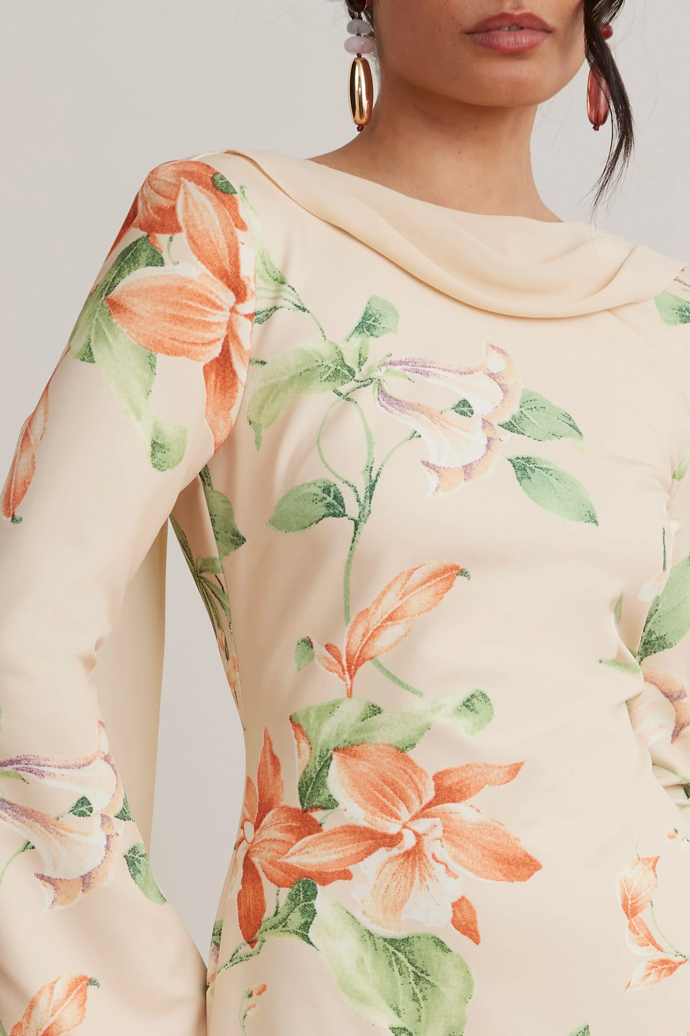 BROOKE Floral Print Fishtail Midi Dress With Chiffon Drape In Yellow - Image 2