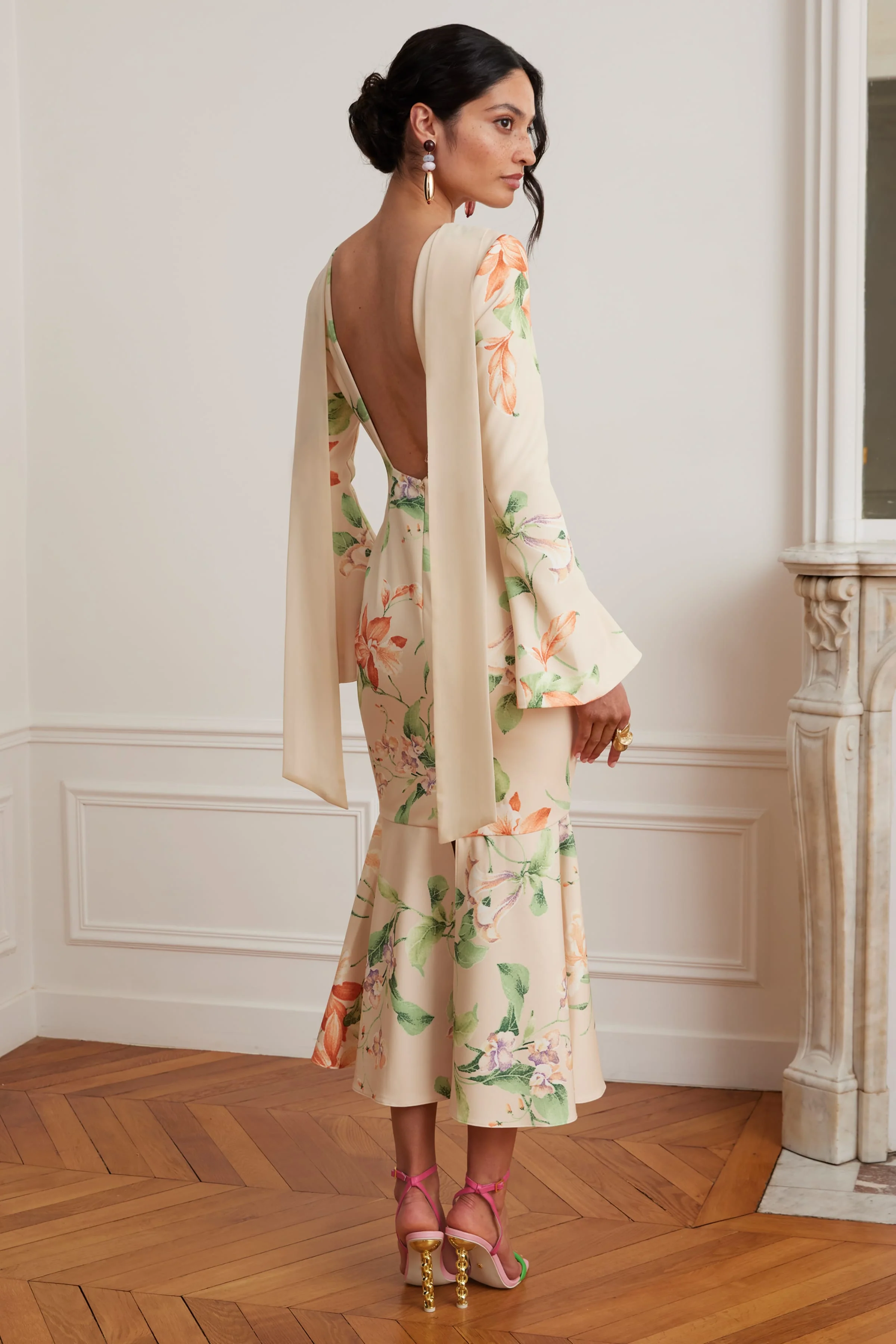 BROOKE Floral Print Fishtail Midi Dress With Chiffon Drape In Yellow - Image 3