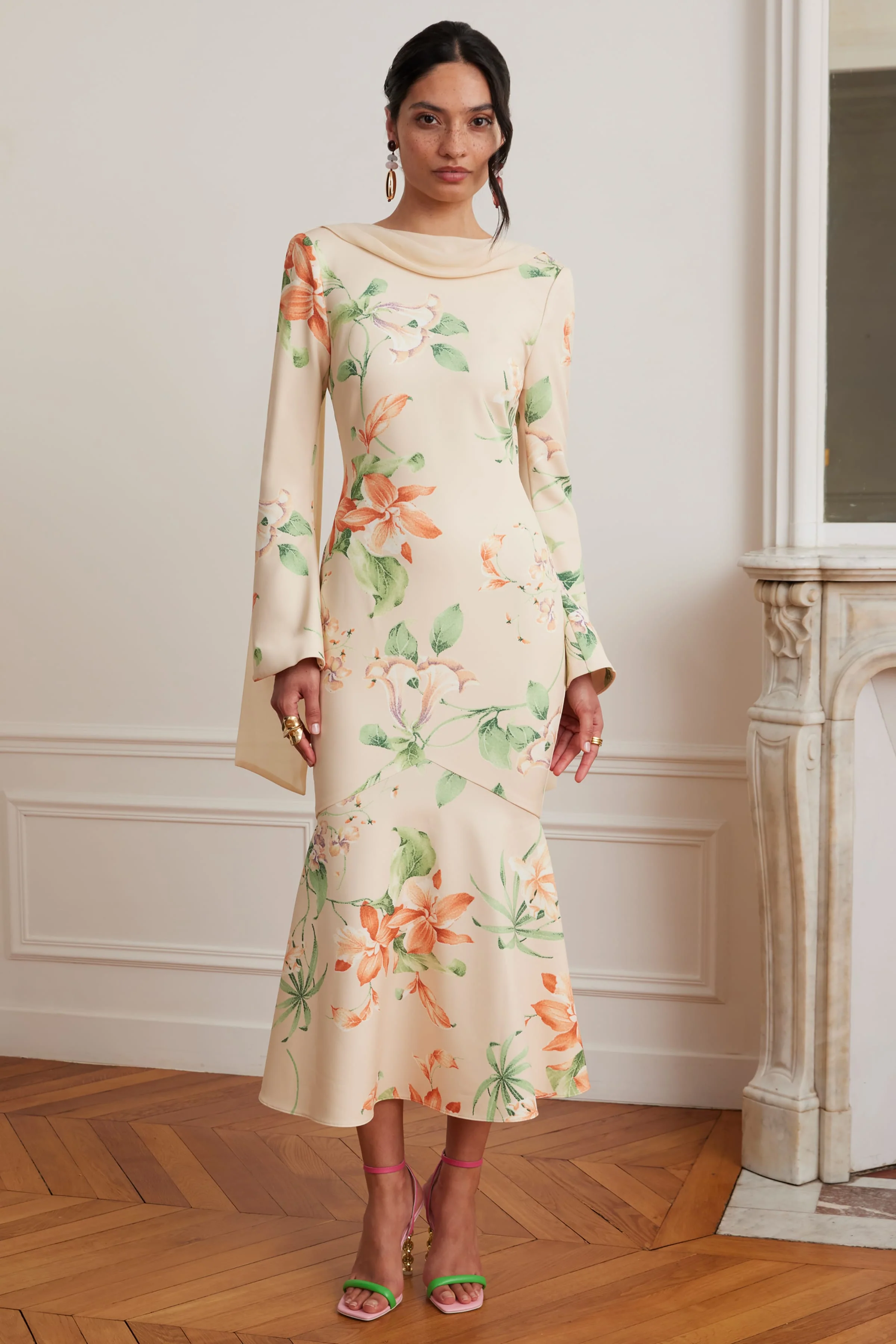 BROOKE Floral Print Fishtail Midi Dress With Chiffon Drape In Yellow - Image 4