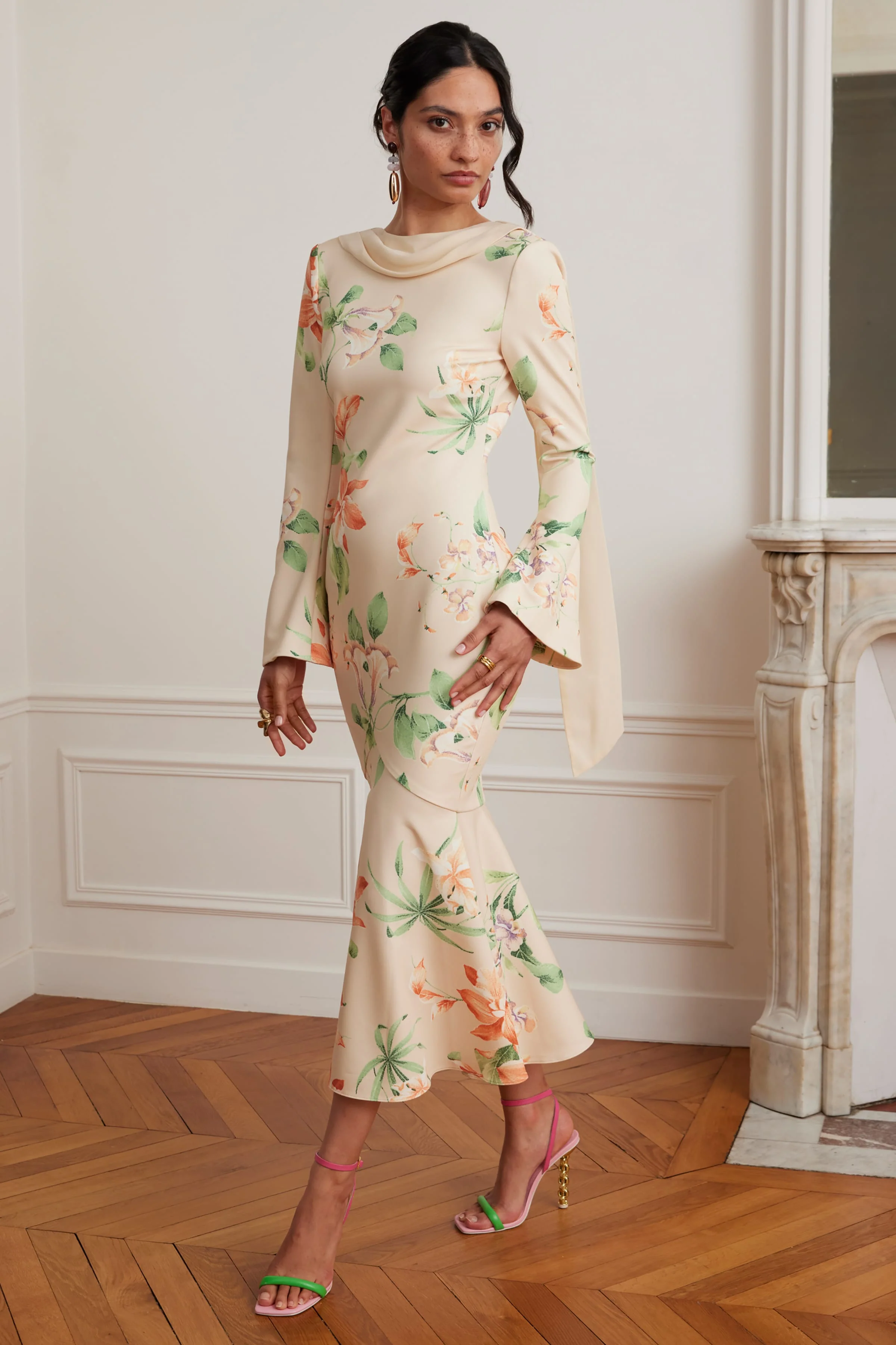 BROOKE Floral Print Fishtail Midi Dress With Chiffon Drape In Yellow - Image 5