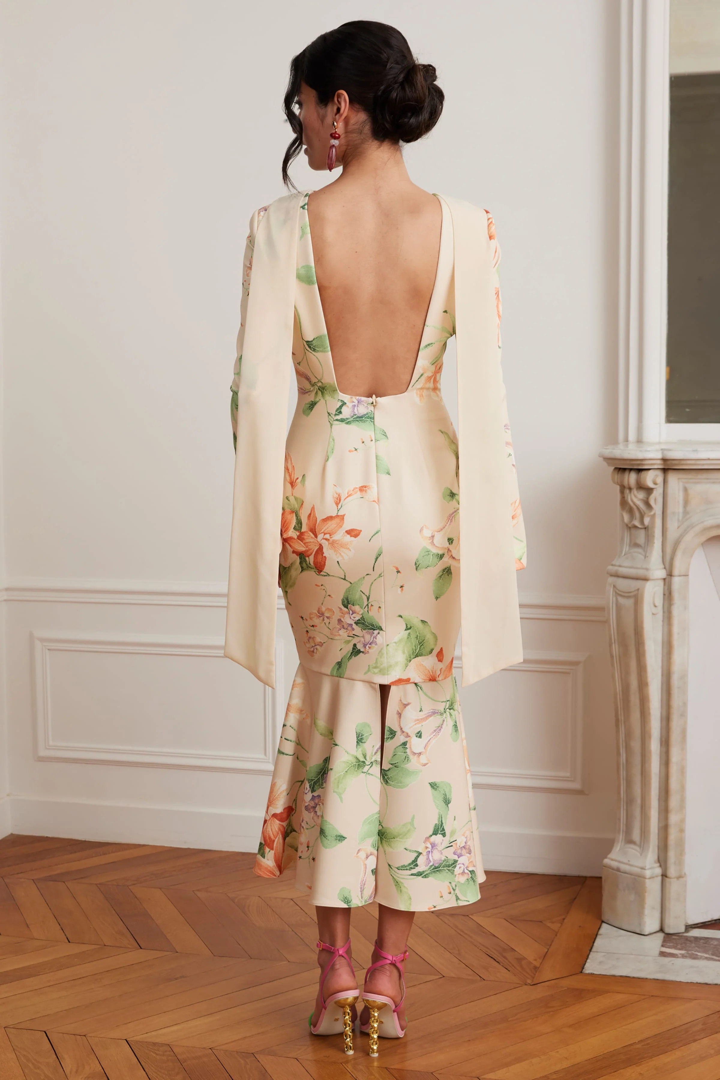 BROOKE Floral Print Fishtail Midi Dress With Chiffon Drape In Yellow - Image 6
