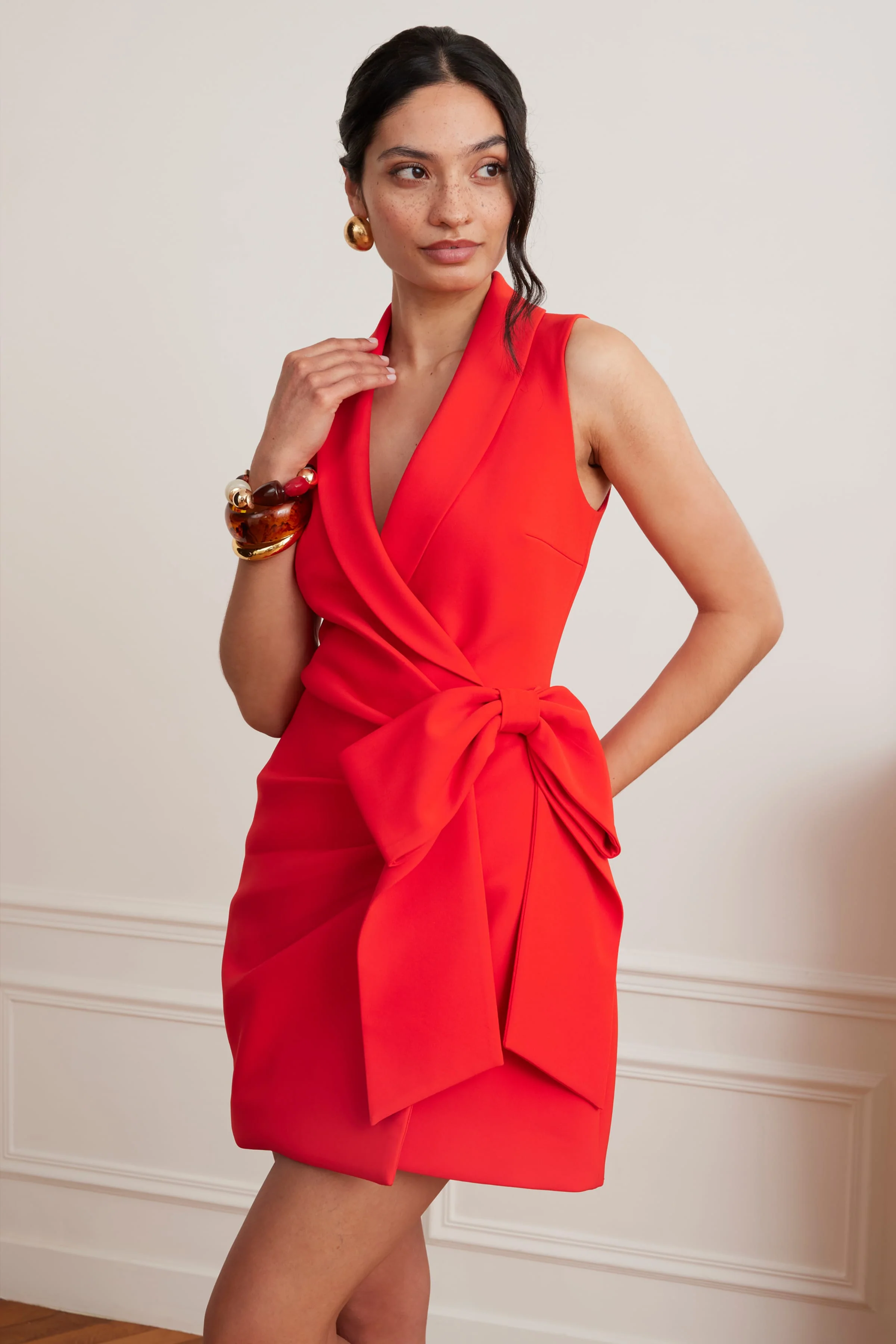 CAMILLE Tailored Blazer Mini Dress With Bow Detail In Scarlet Red - Image 3