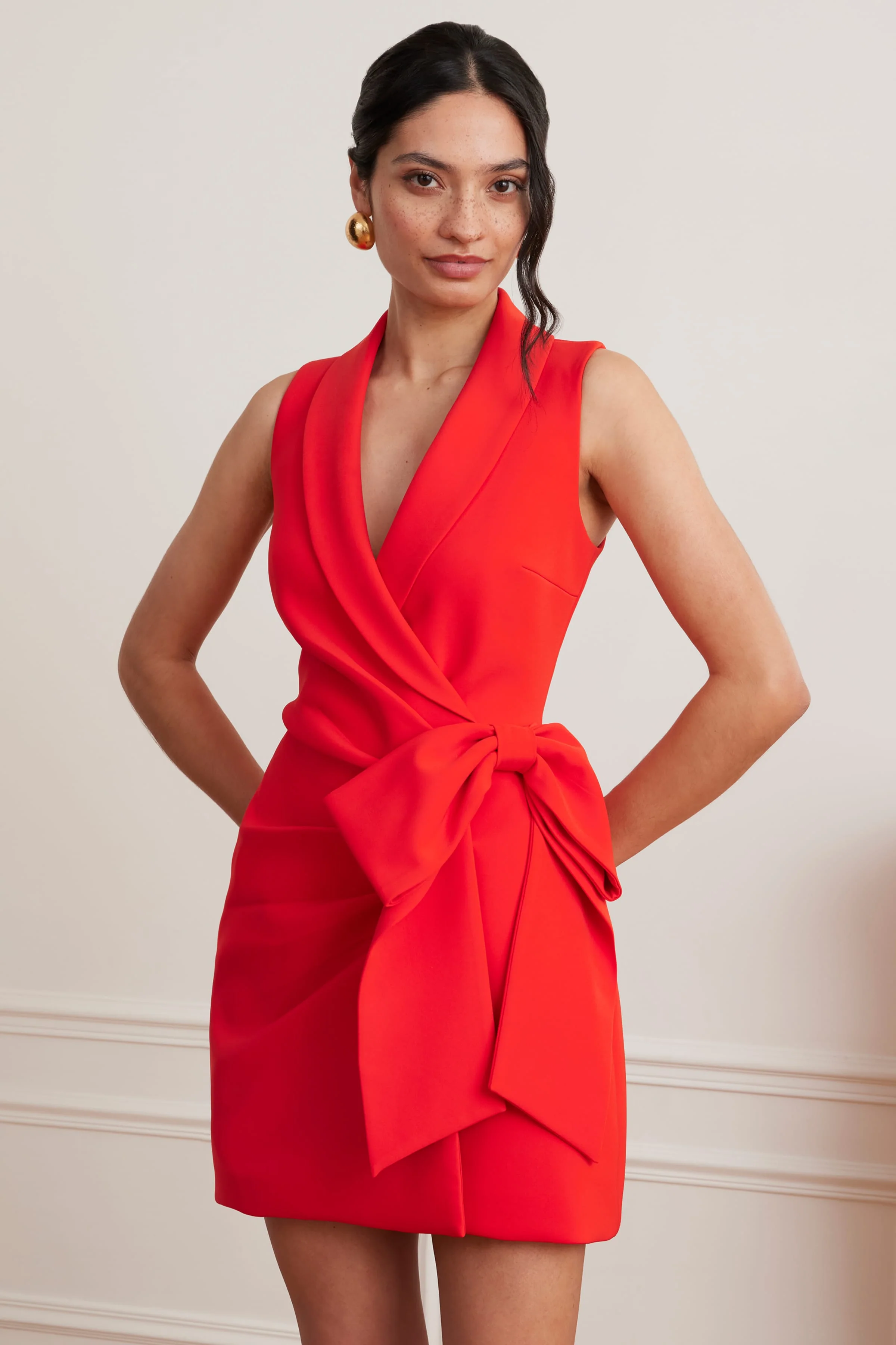 CAMILLE Tailored Blazer Mini Dress With Bow Detail In Scarlet Red - Image 5