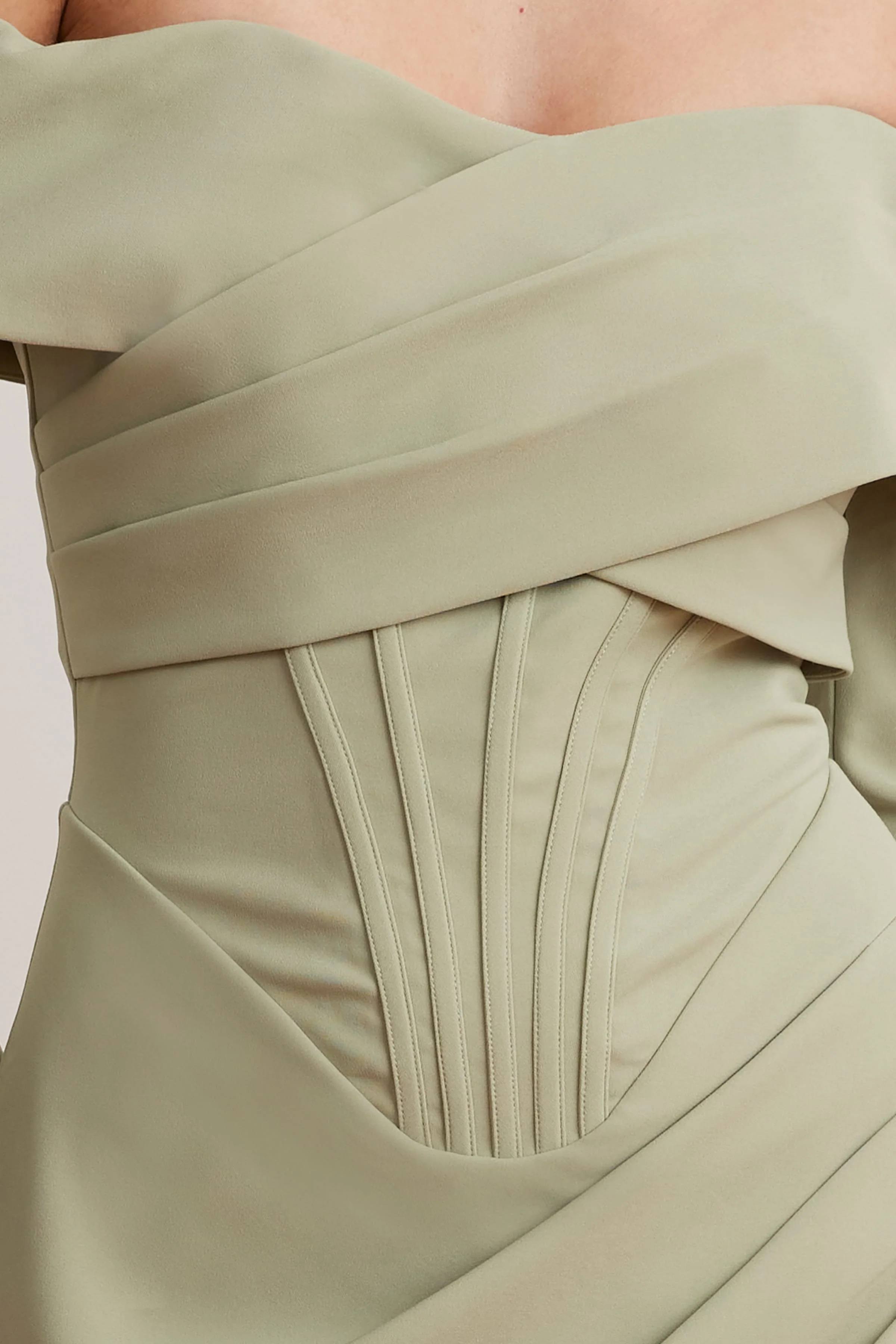 DELPHINE Off Shoulder Corset Midi Wrap Dress In Sage Green - Image 2