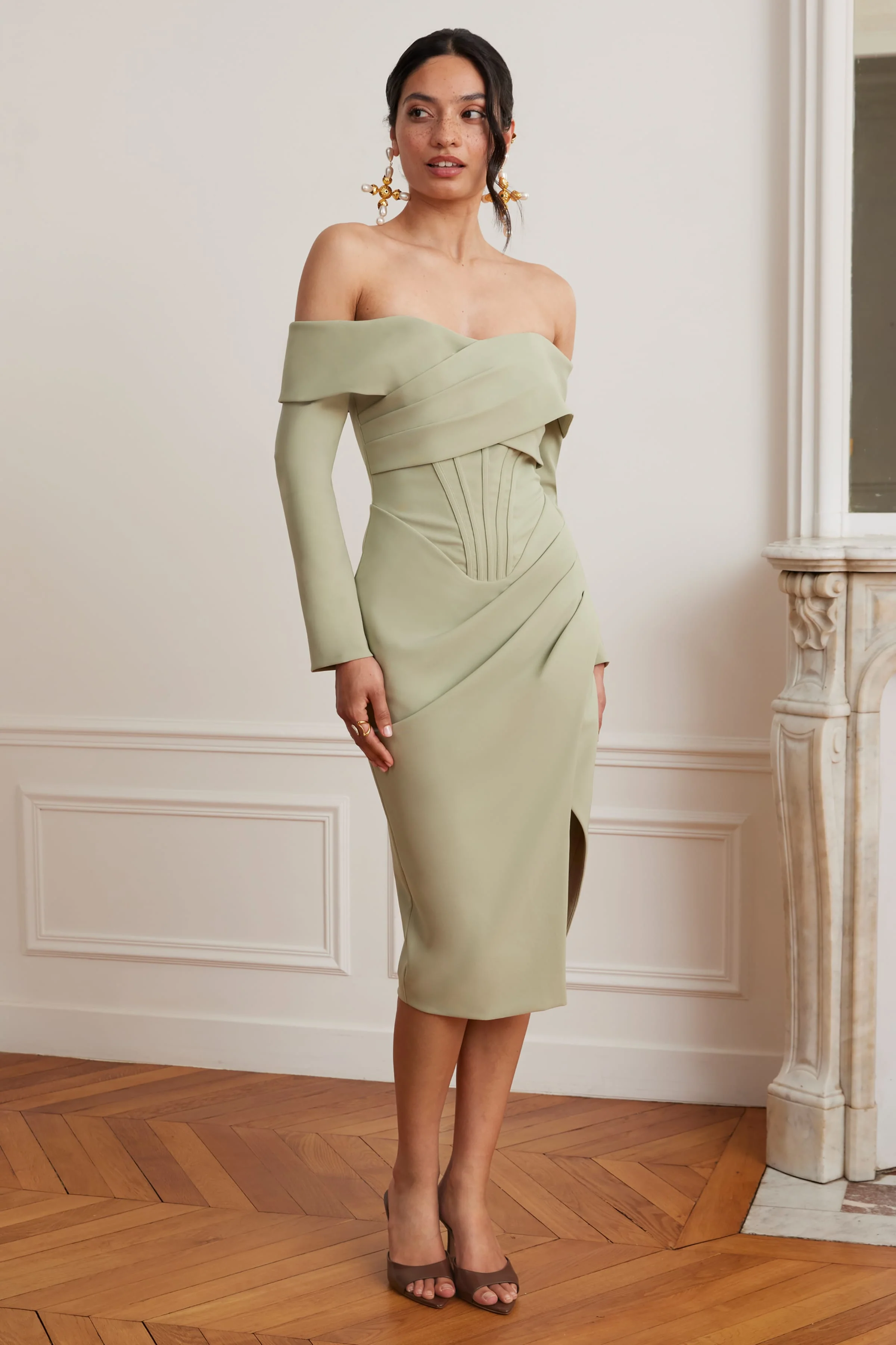 DELPHINE Off Shoulder Corset Midi Wrap Dress In Sage Green - Image 4