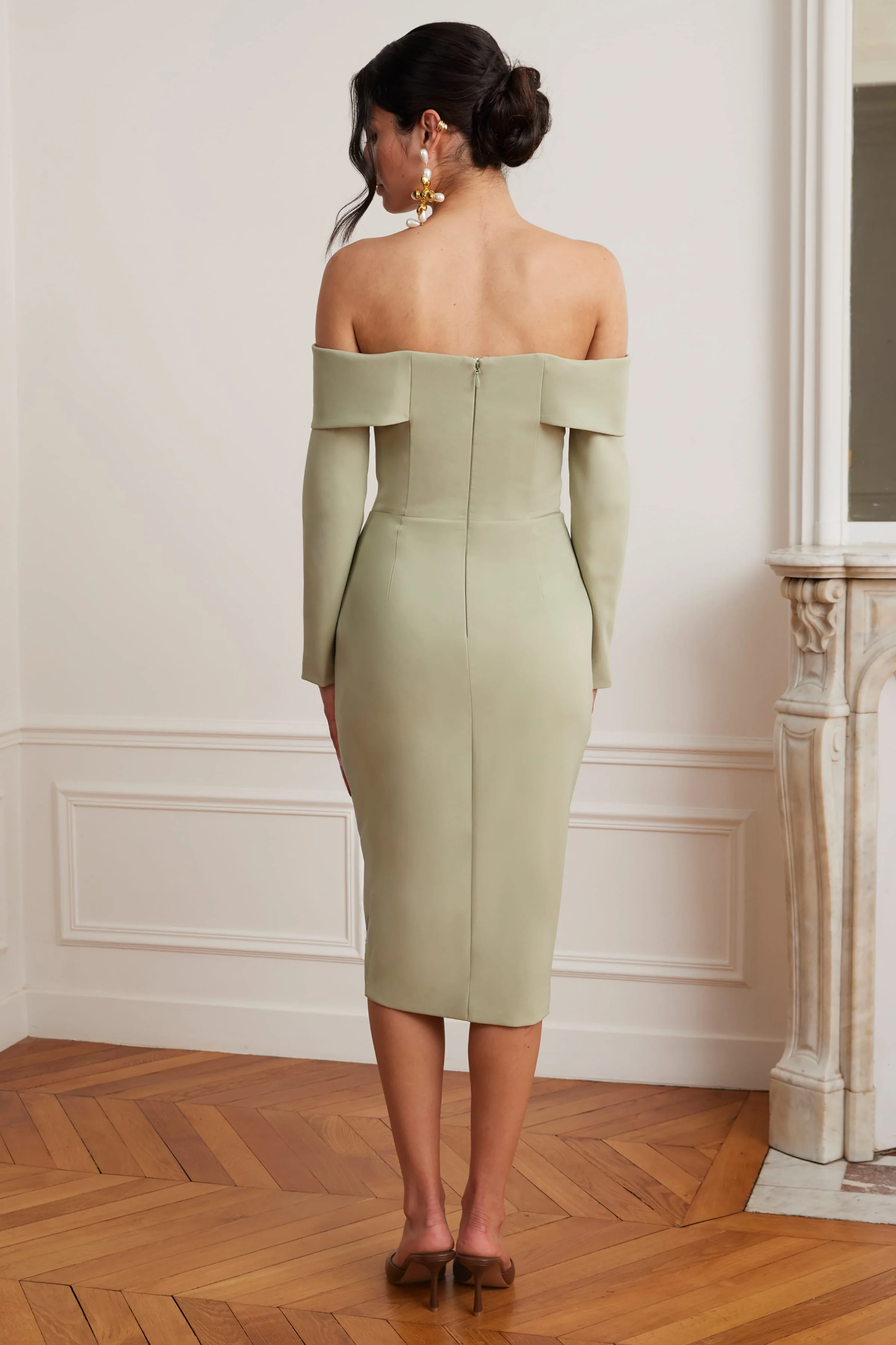 DELPHINE Off Shoulder Corset Midi Wrap Dress In Sage Green - Image 5