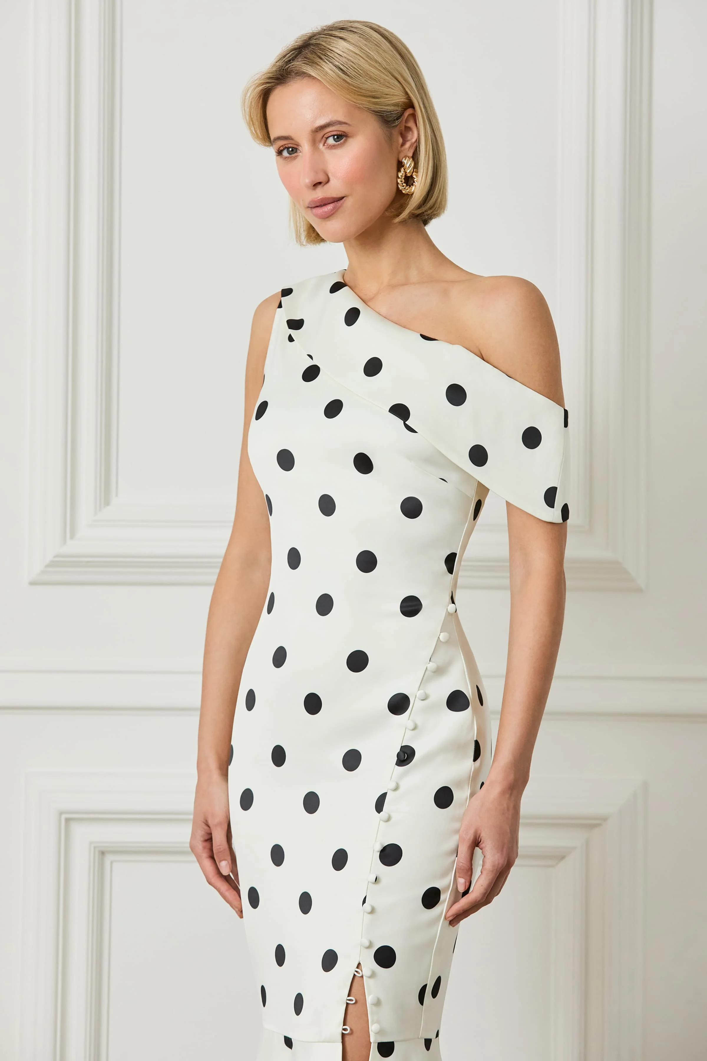 ELBA One Shoulder Satin Fluted Midi Dress In Polka Dot Print - Image 2