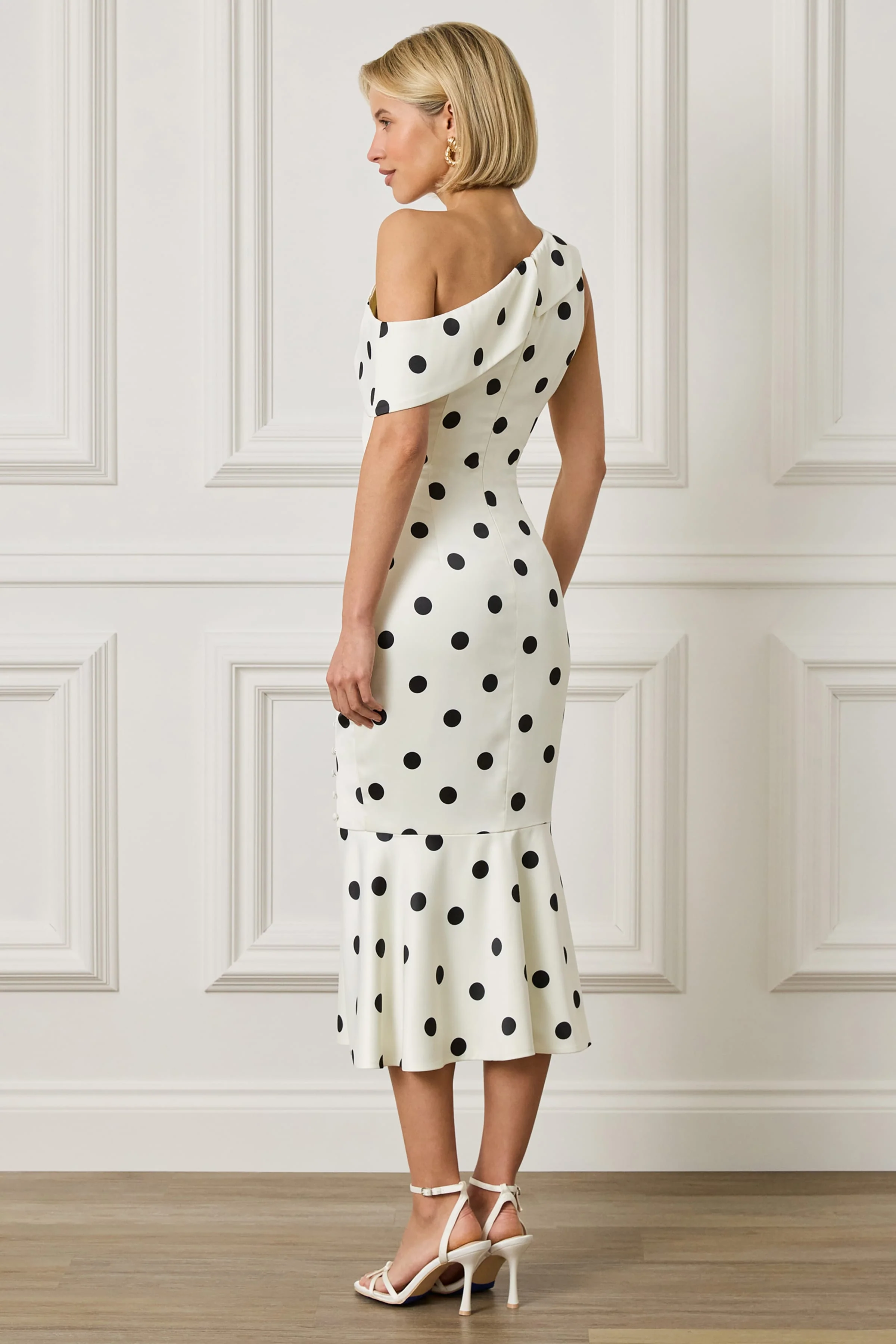 ELBA One Shoulder Satin Fluted Midi Dress In Polka Dot Print - Image 3