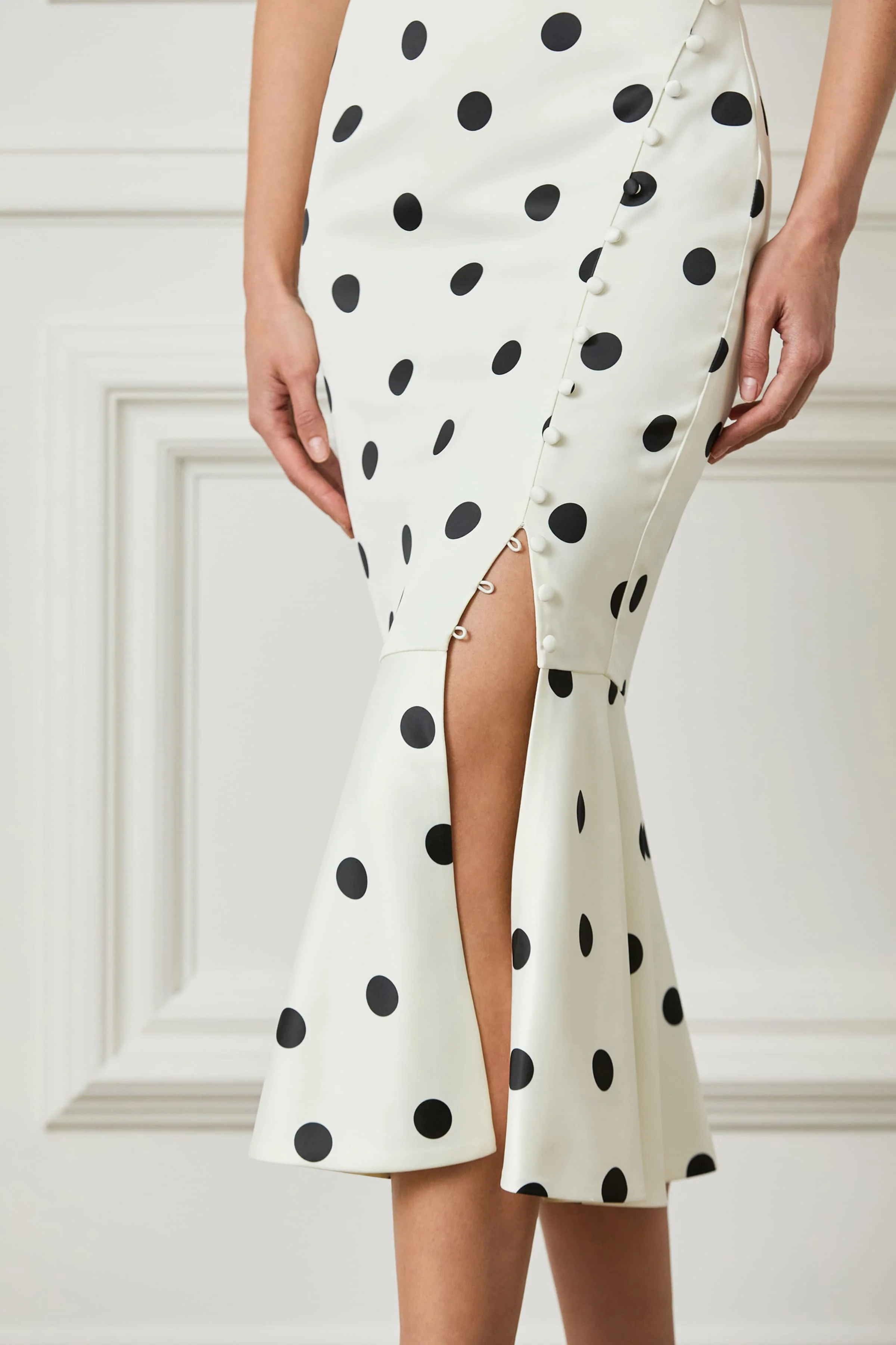 ELBA One Shoulder Satin Fluted Midi Dress In Polka Dot Print - Image 4