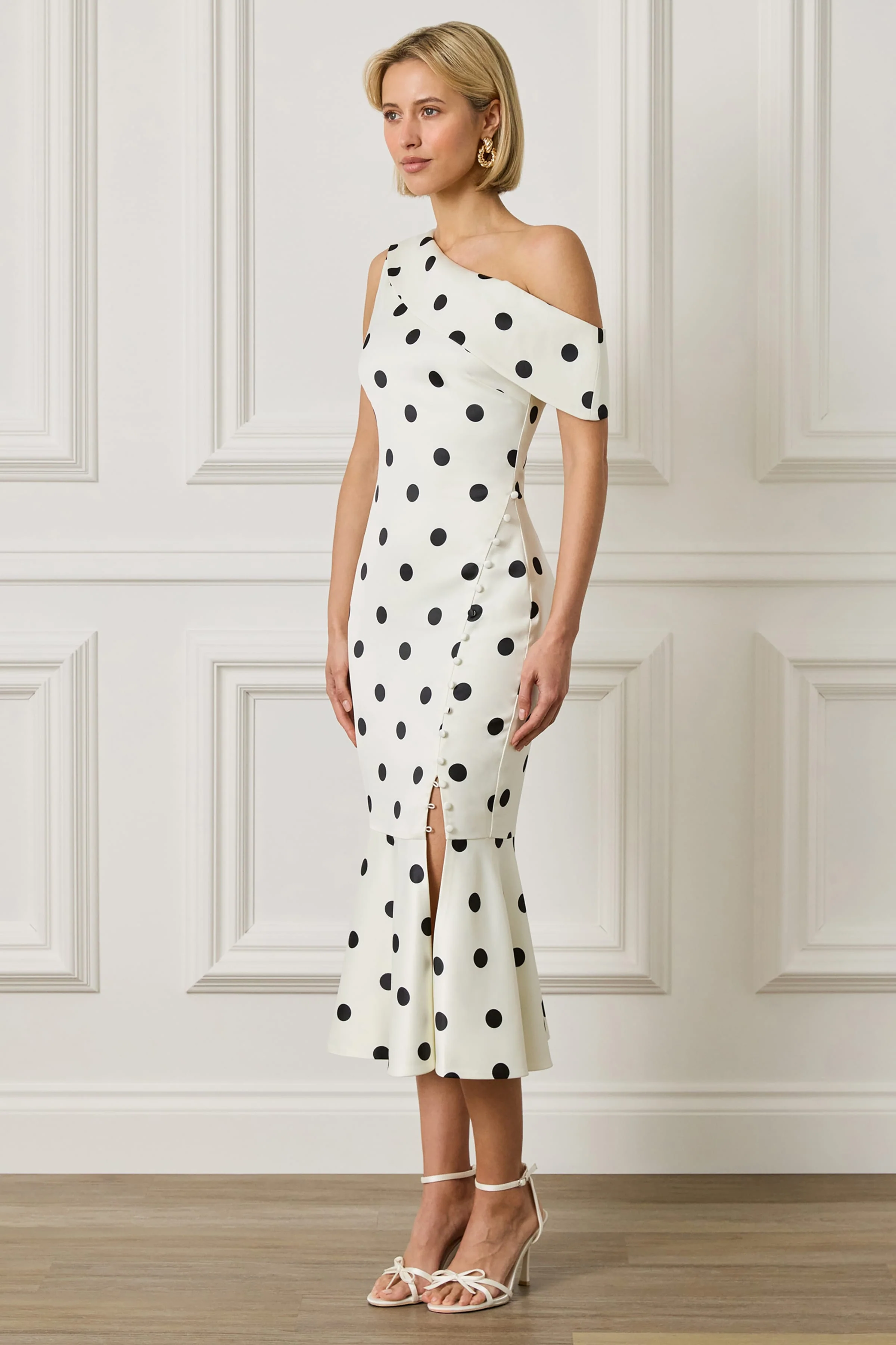 ELBA One Shoulder Satin Fluted Midi Dress In Polka Dot Print - Image 5