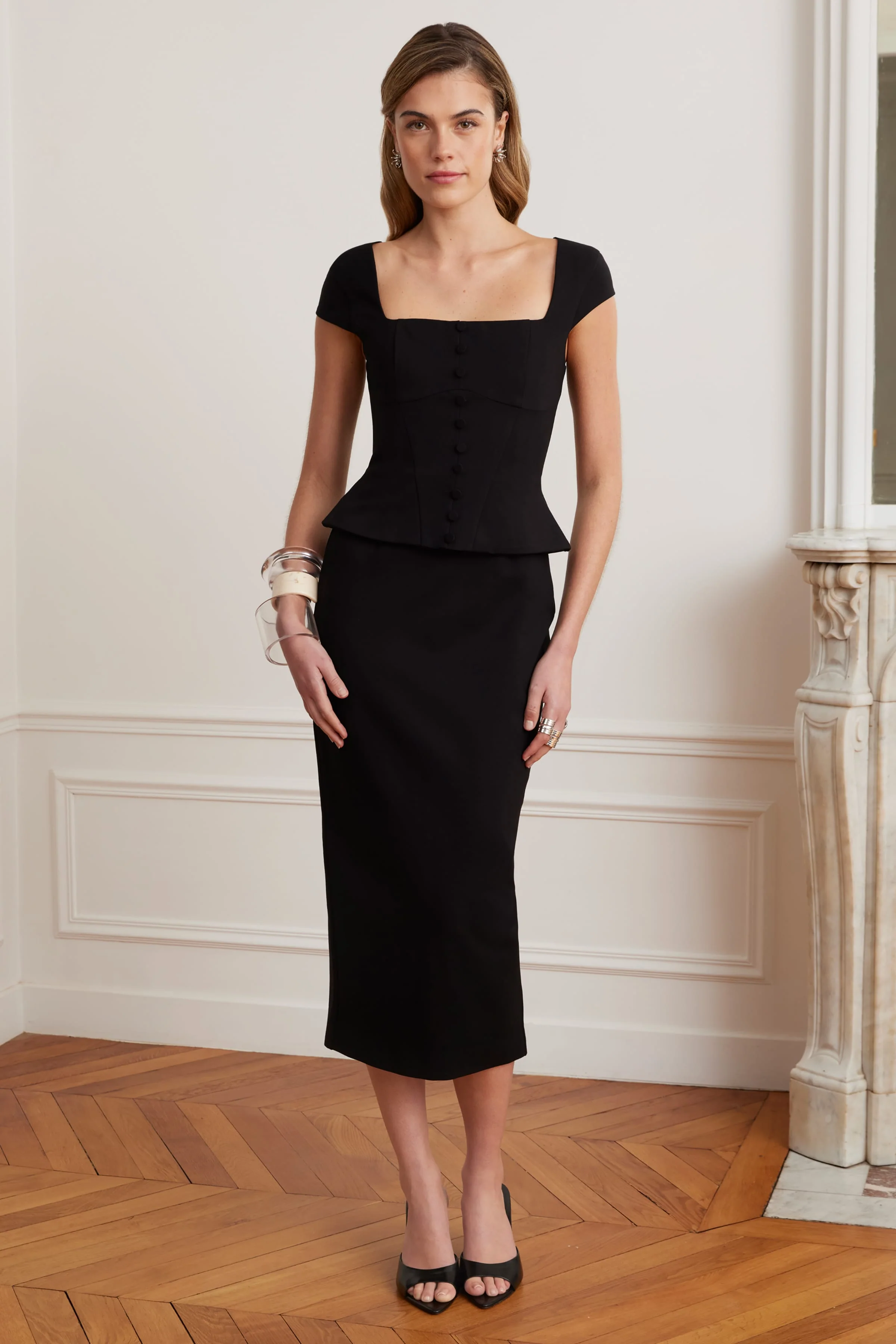ELISA Corset Peplum Ponte Midi Dress In Black - Image 5