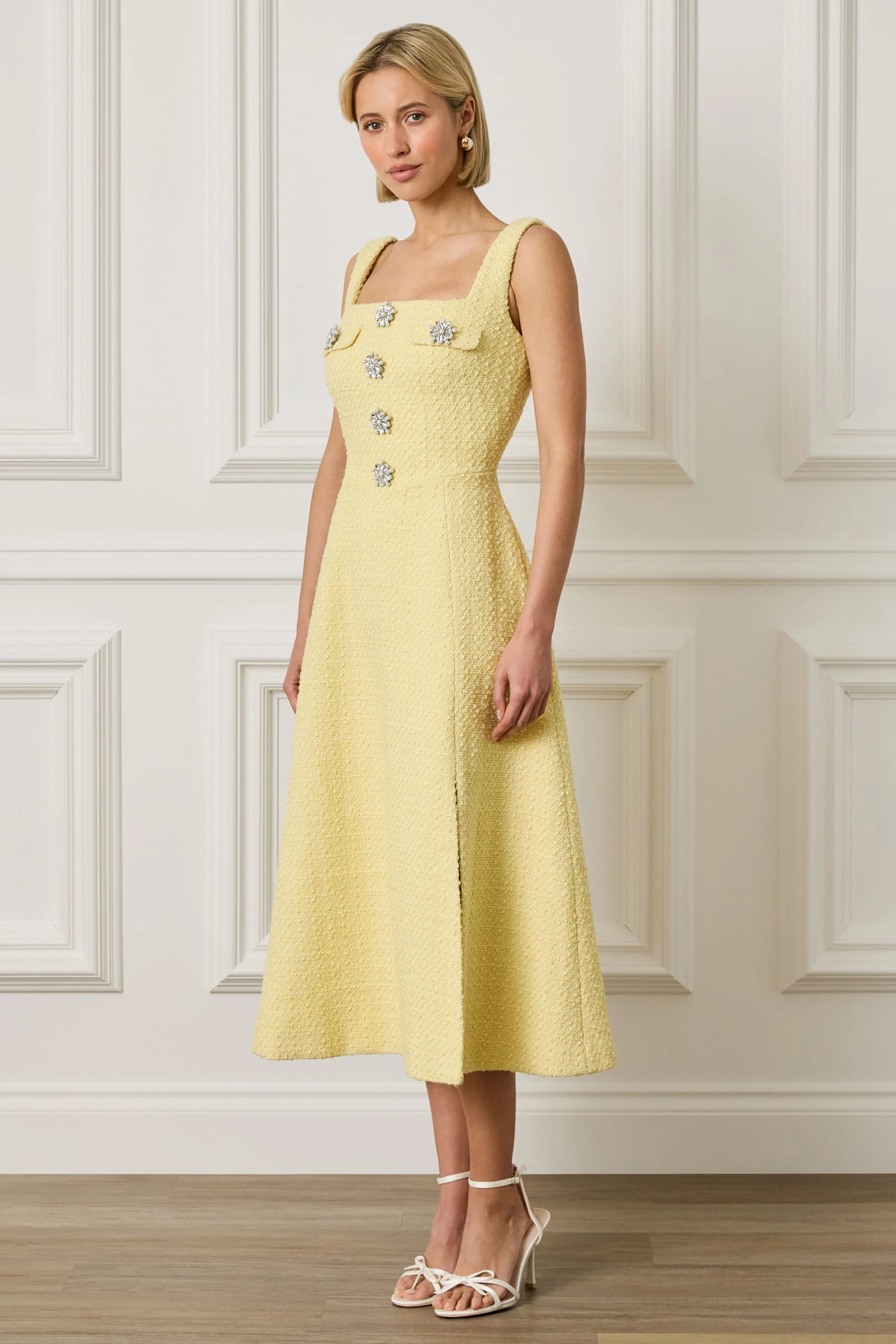 ELLA Embellished Sequin Boucle Sun Dress in Yellow - Image 5