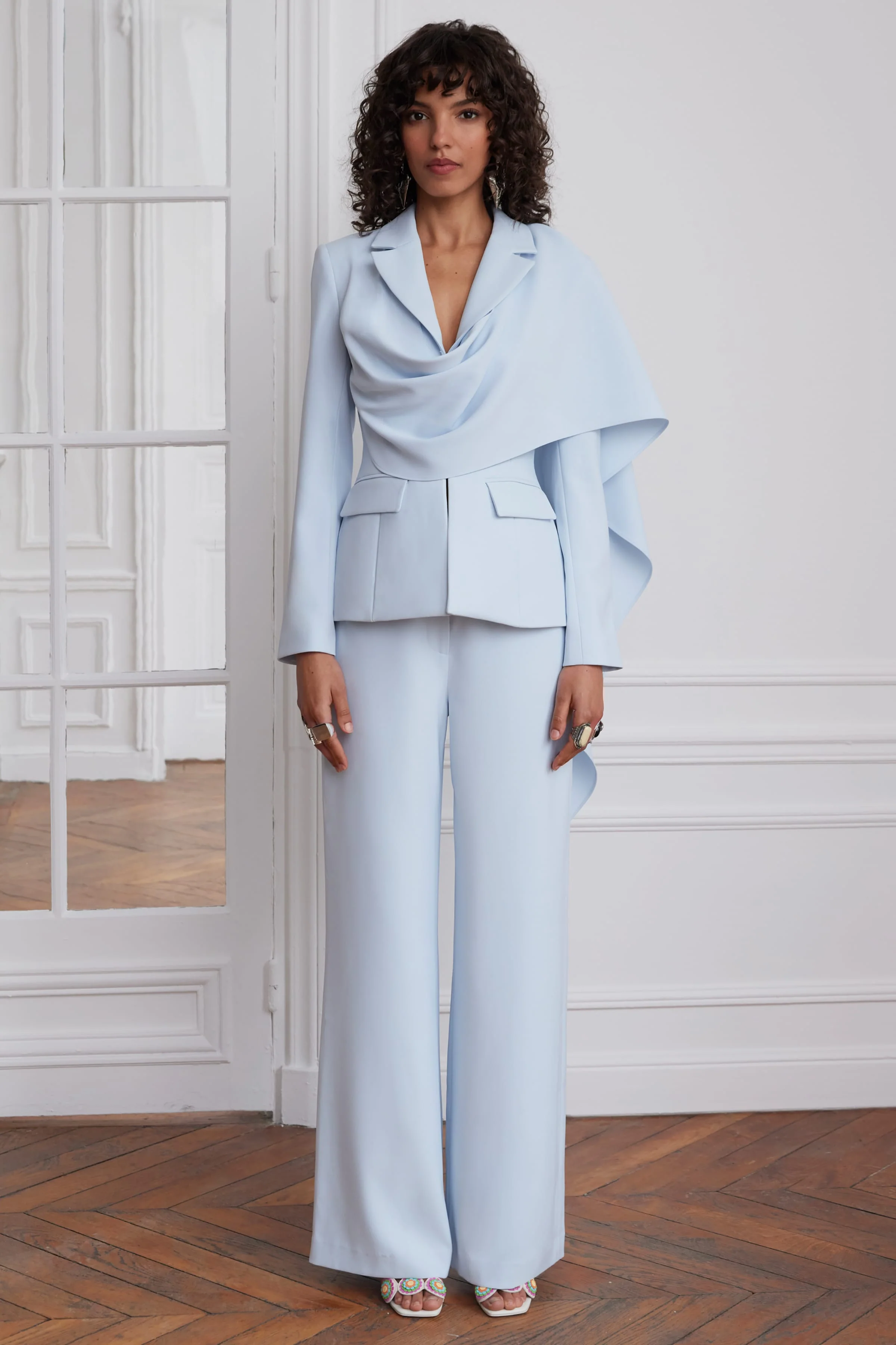 EMBER Cape Scarf Sculptured Blazer In Powder Blue - Image 4