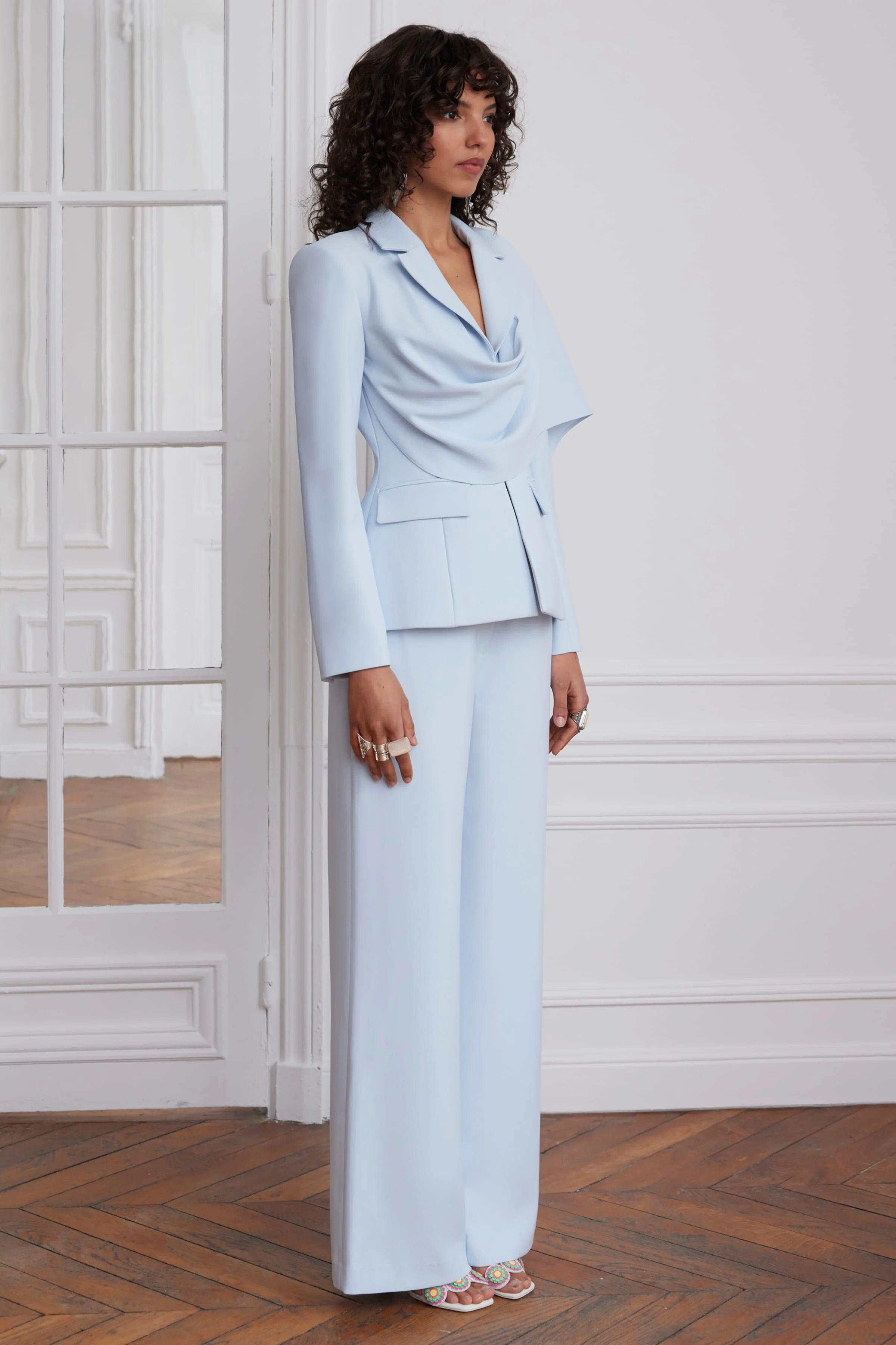 EMBER Cape Scarf Sculptured Blazer In Powder Blue - Image 5