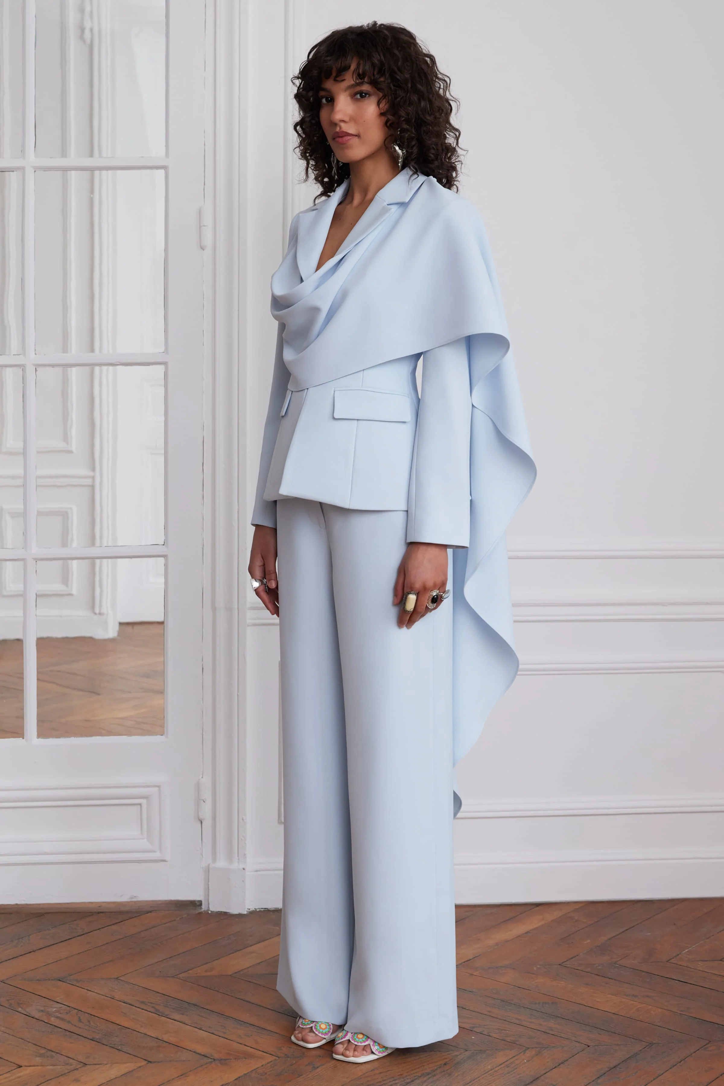 EMBER Cape Scarf Sculptured Blazer In Powder Blue - Image 6