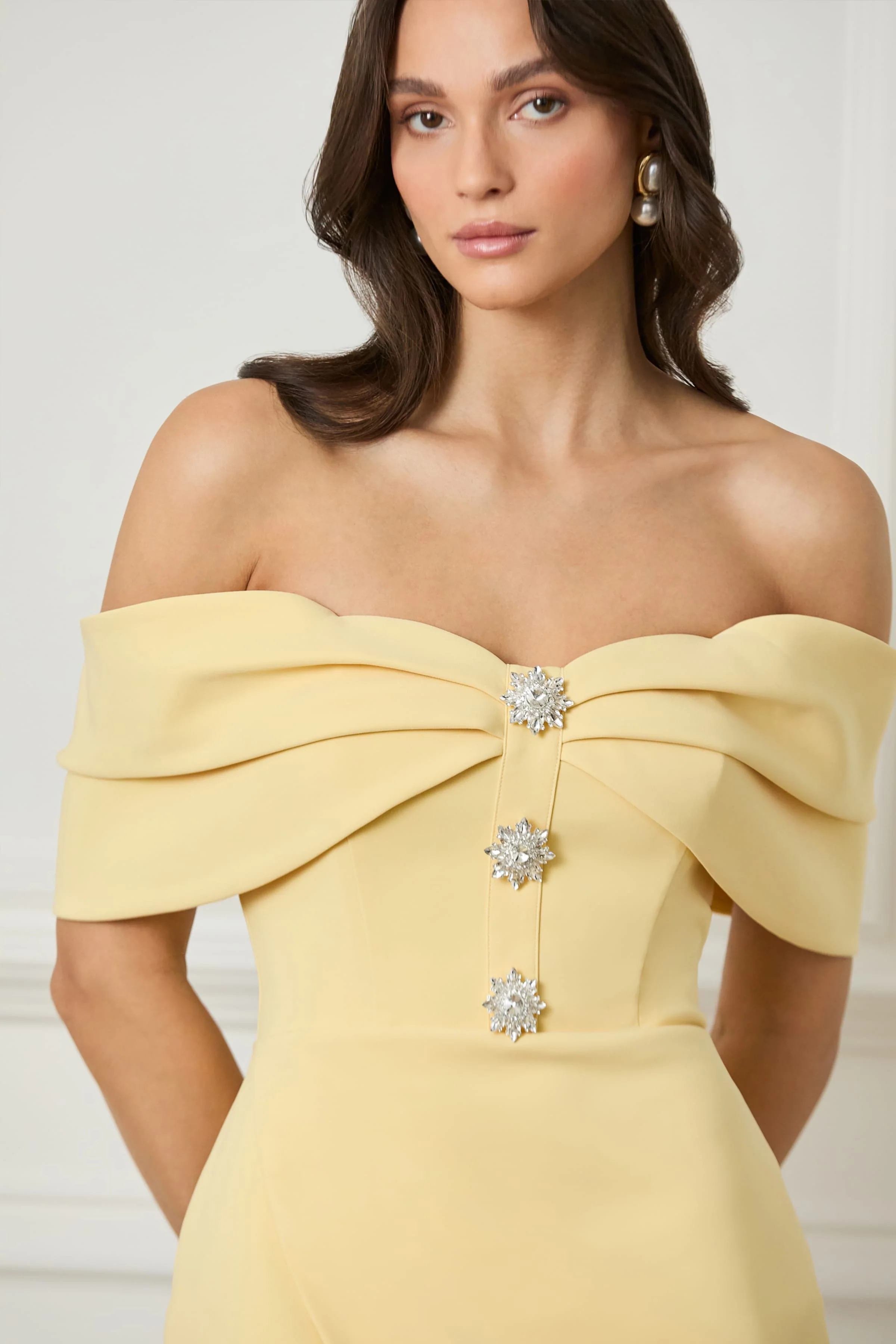 ELYSE Off Shoulder Embellished Wrap Dress in Yellow - Image 2
