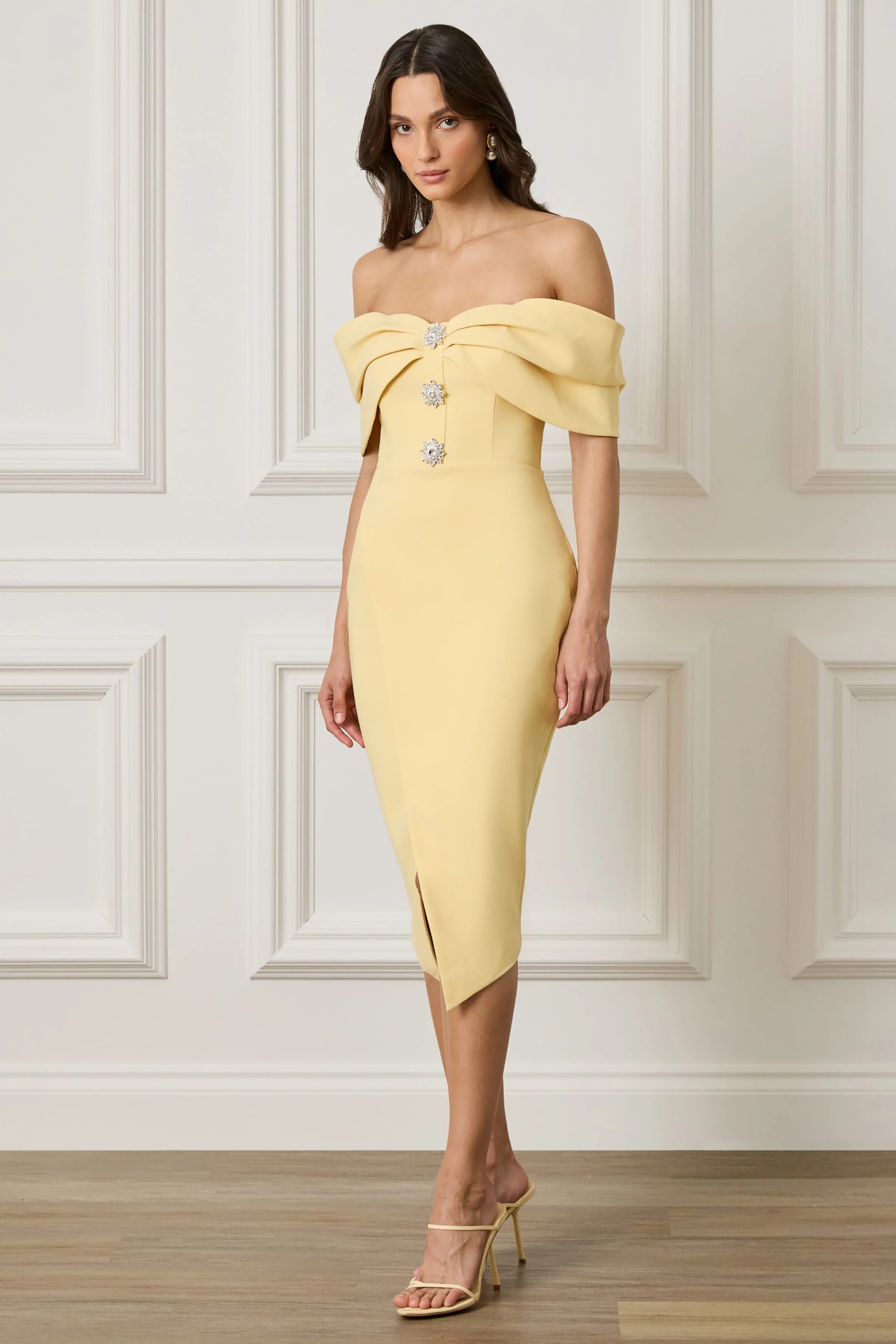 ELYSE Off Shoulder Embellished Wrap Dress in Yellow - Image 4
