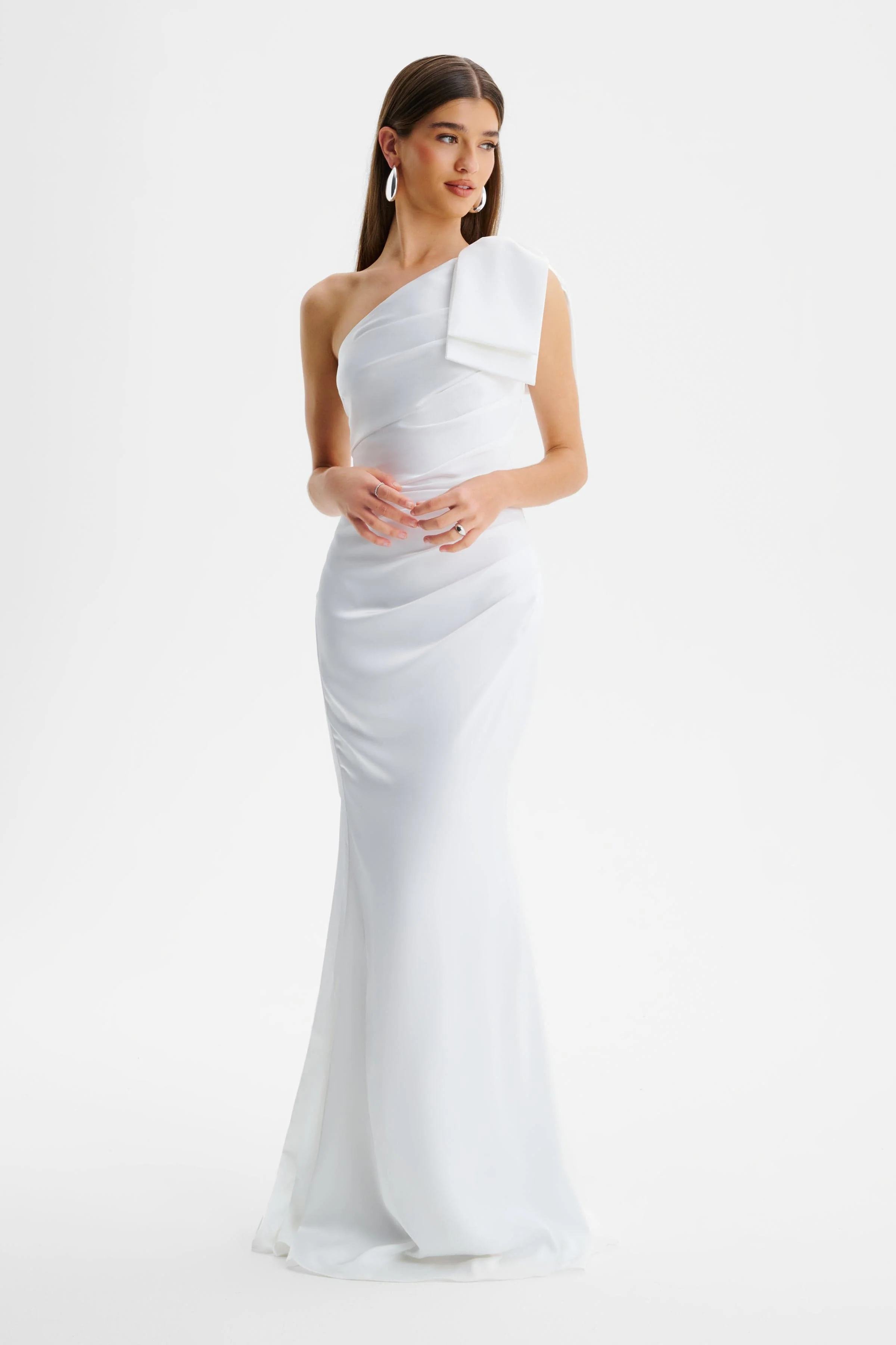 EMELIA One Shoulder Bow Pleated Maxi Dress in White - Image 2