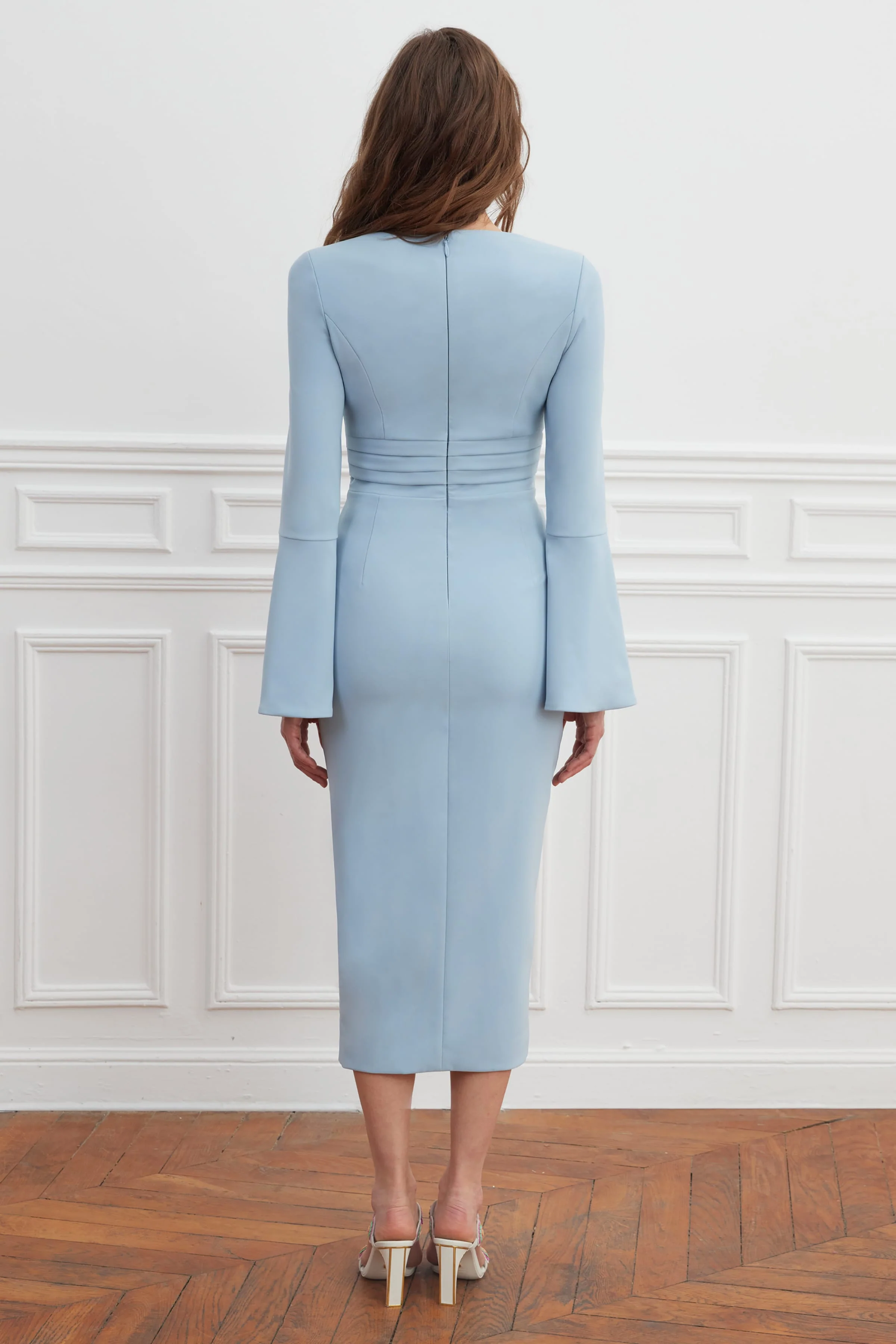 EVELINA Micro Button Detail Fluted Sleeve Midi Dress In Powder Blue - Image 3