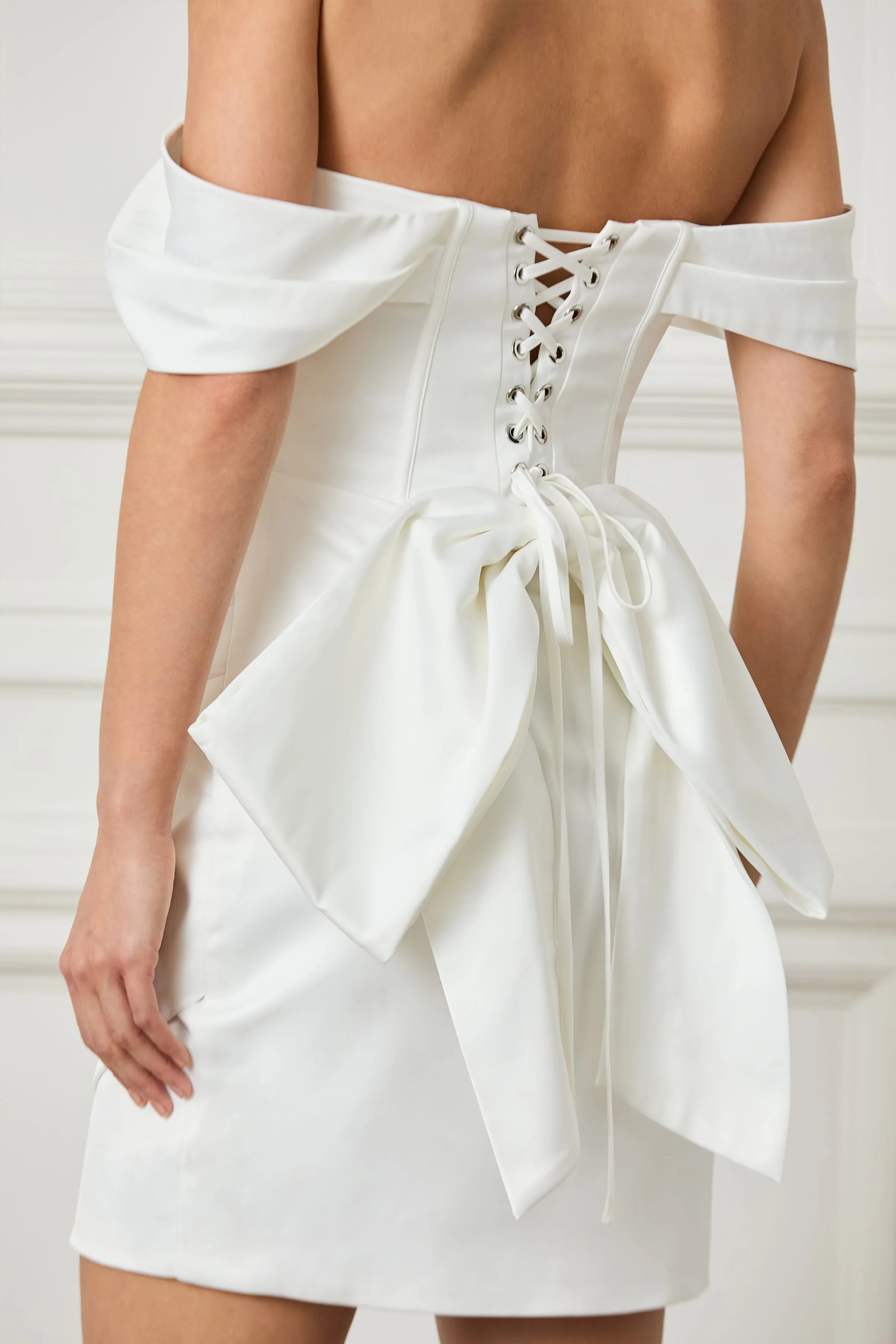 GEORGIE Satin Off Shoulder Lace Up Mini Dress in White - Image 4