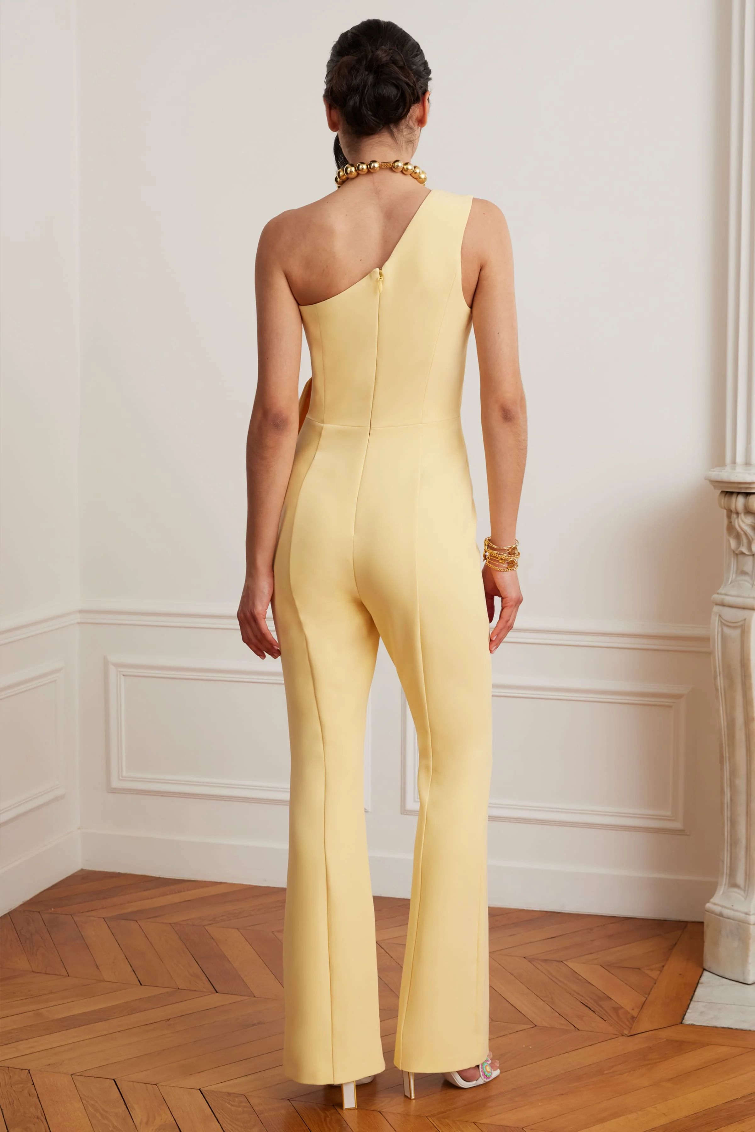HALLIE One Shoulder Jumpsuit With Bow Detail In Yellow - Image 3