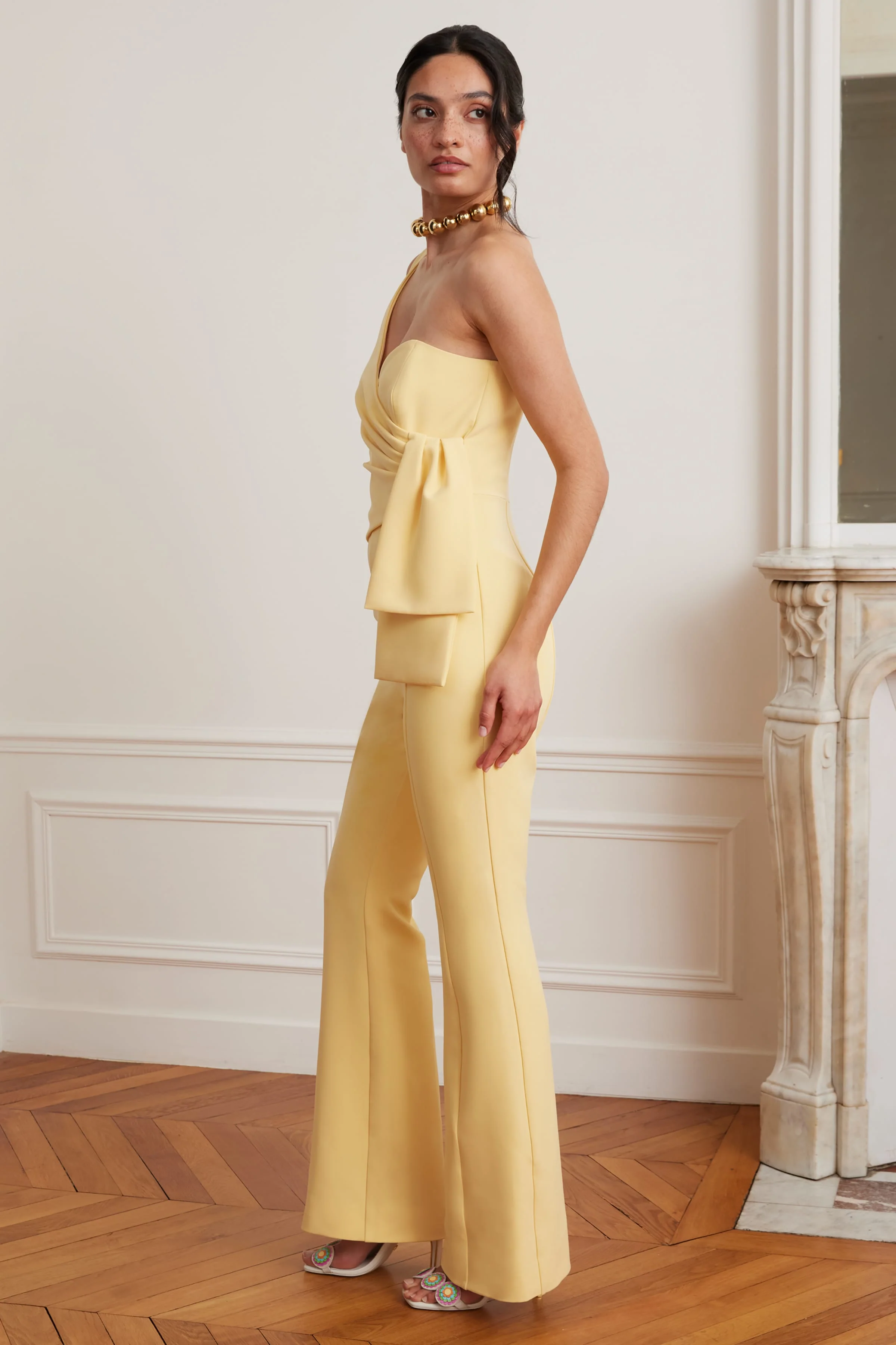 HALLIE One Shoulder Jumpsuit With Bow Detail In Yellow - Image 4