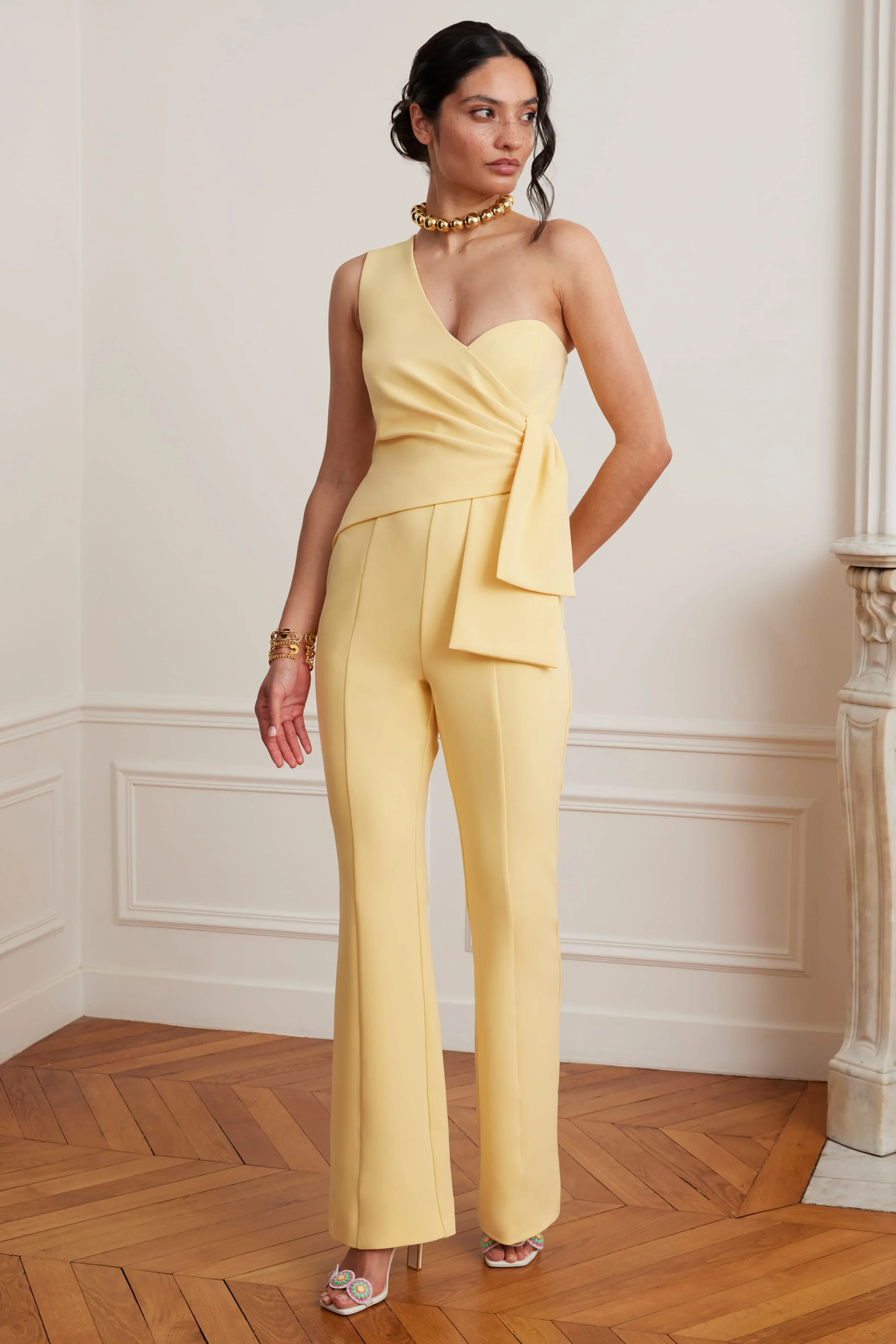 HALLIE One Shoulder Jumpsuit With Bow Detail In Yellow - Image 5