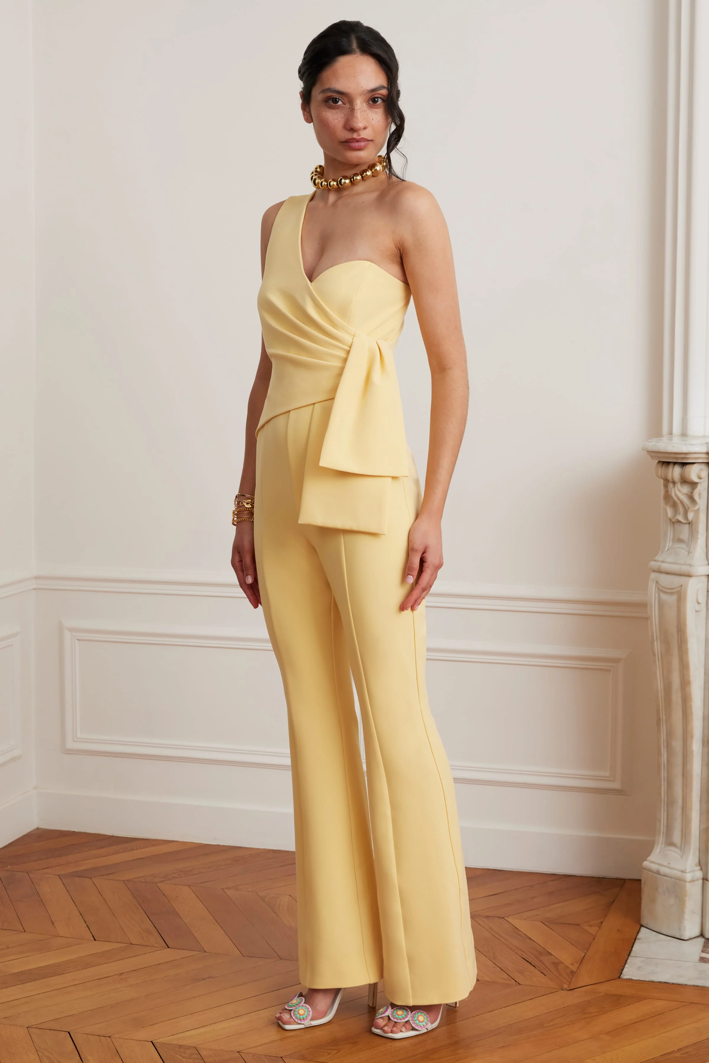 HALLIE One Shoulder Jumpsuit With Bow Detail In Yellow - Image 6