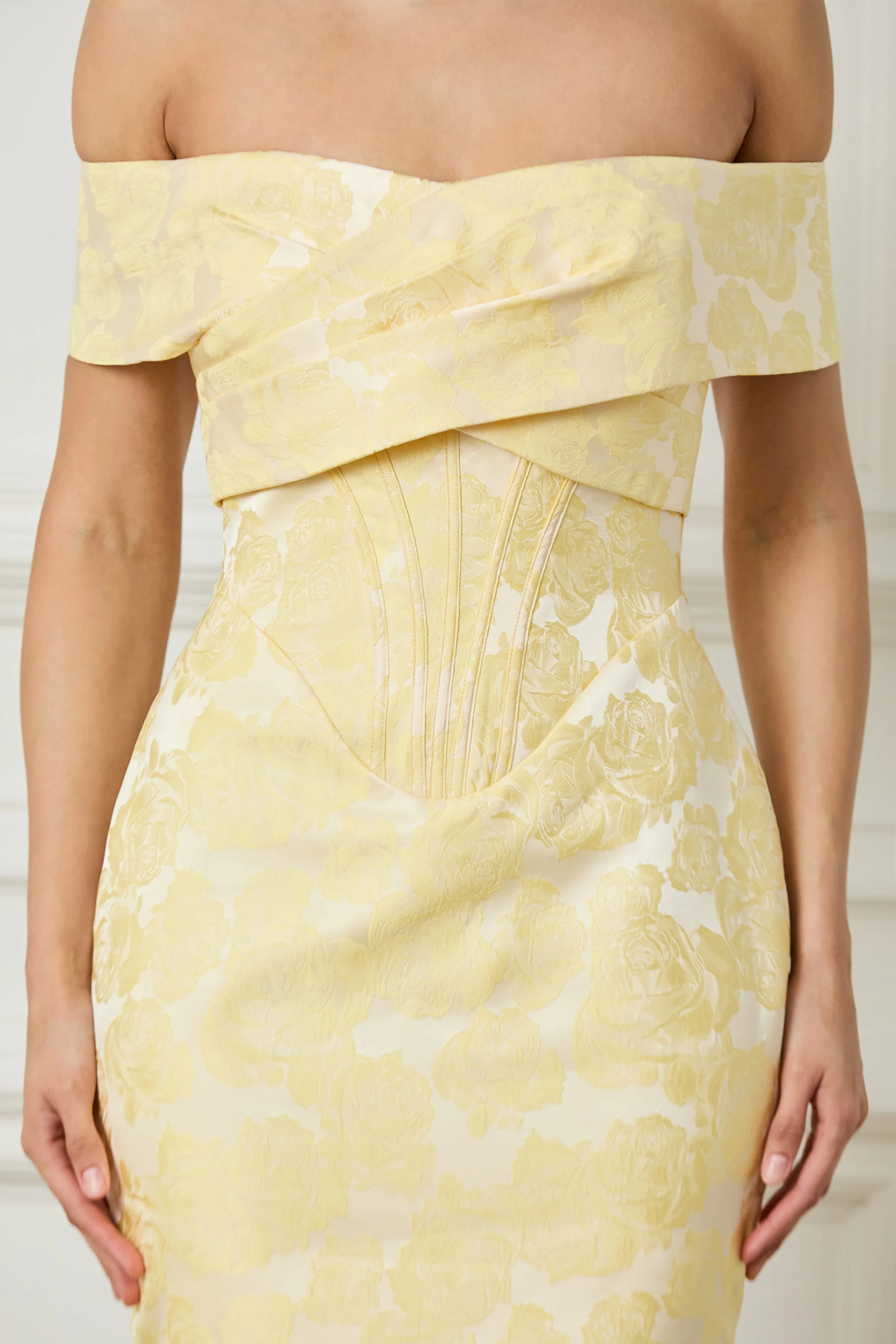 IMOGEN Textured Jacquard Corset Detailed Bardot Midi Dress in Yellow - Image 2