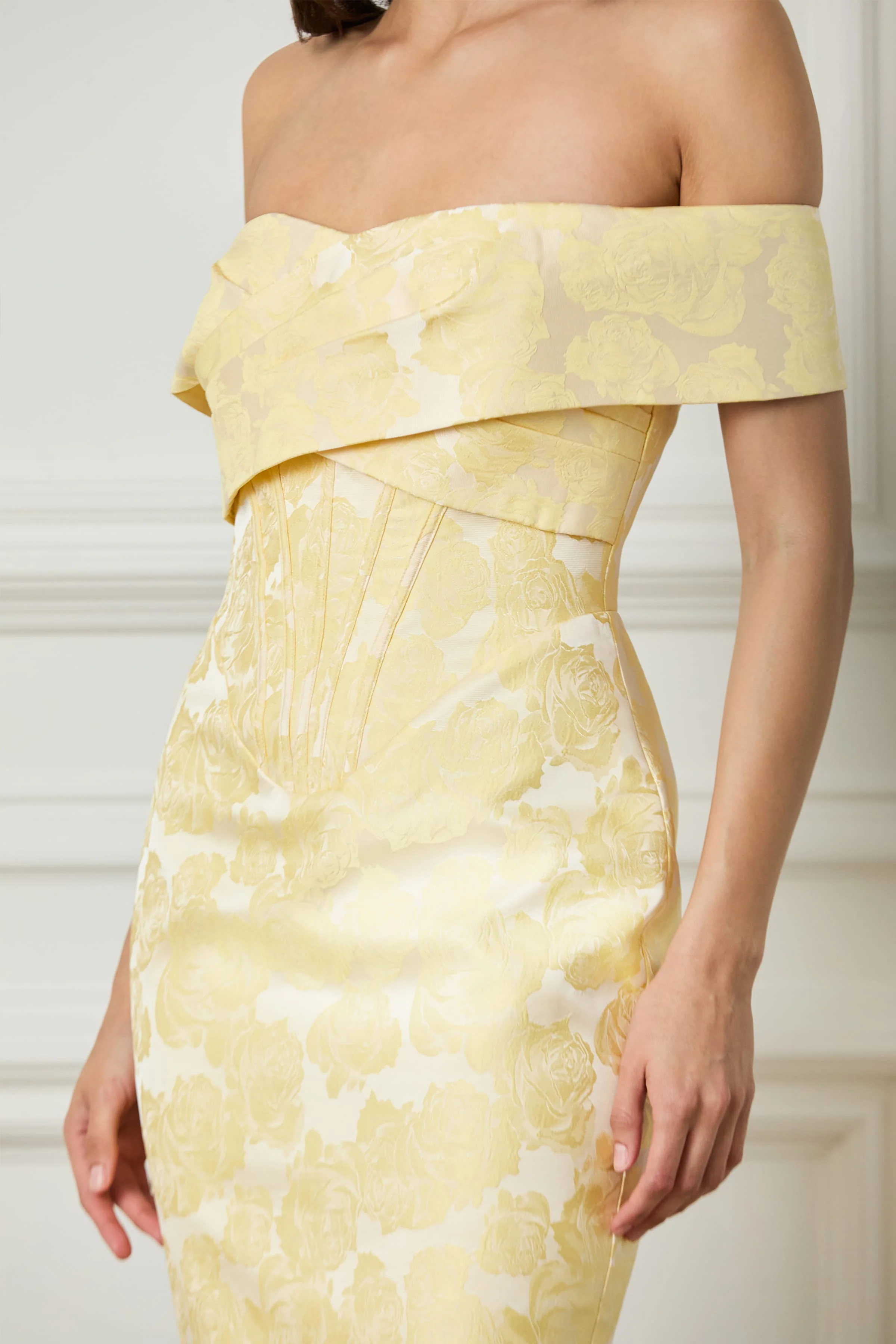 IMOGEN Textured Jacquard Corset Detailed Bardot Midi Dress in Yellow - Image 4