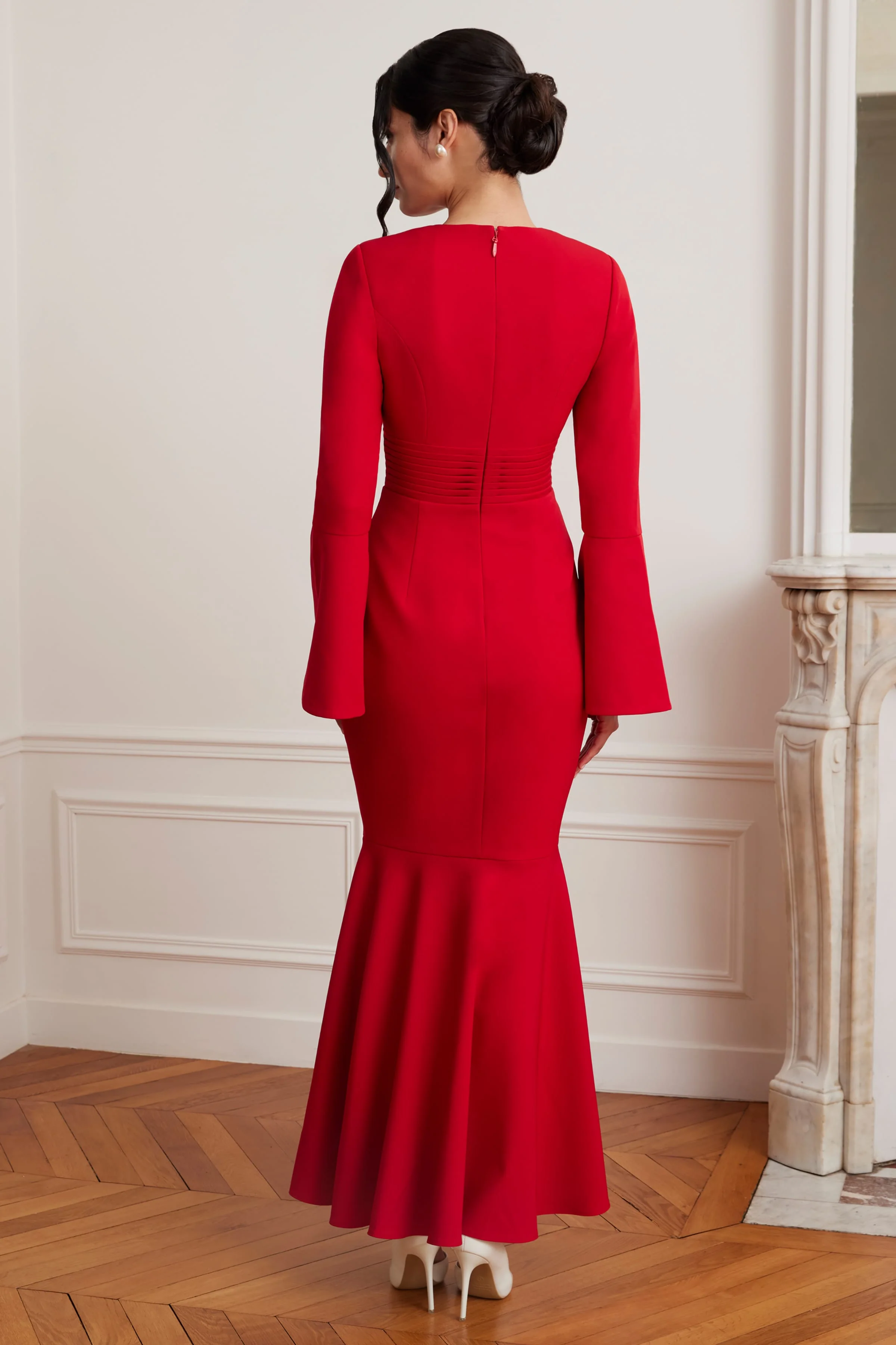 JOSIE Fluted Sleeve Fishtail Maxi Dress in Red - Image 3