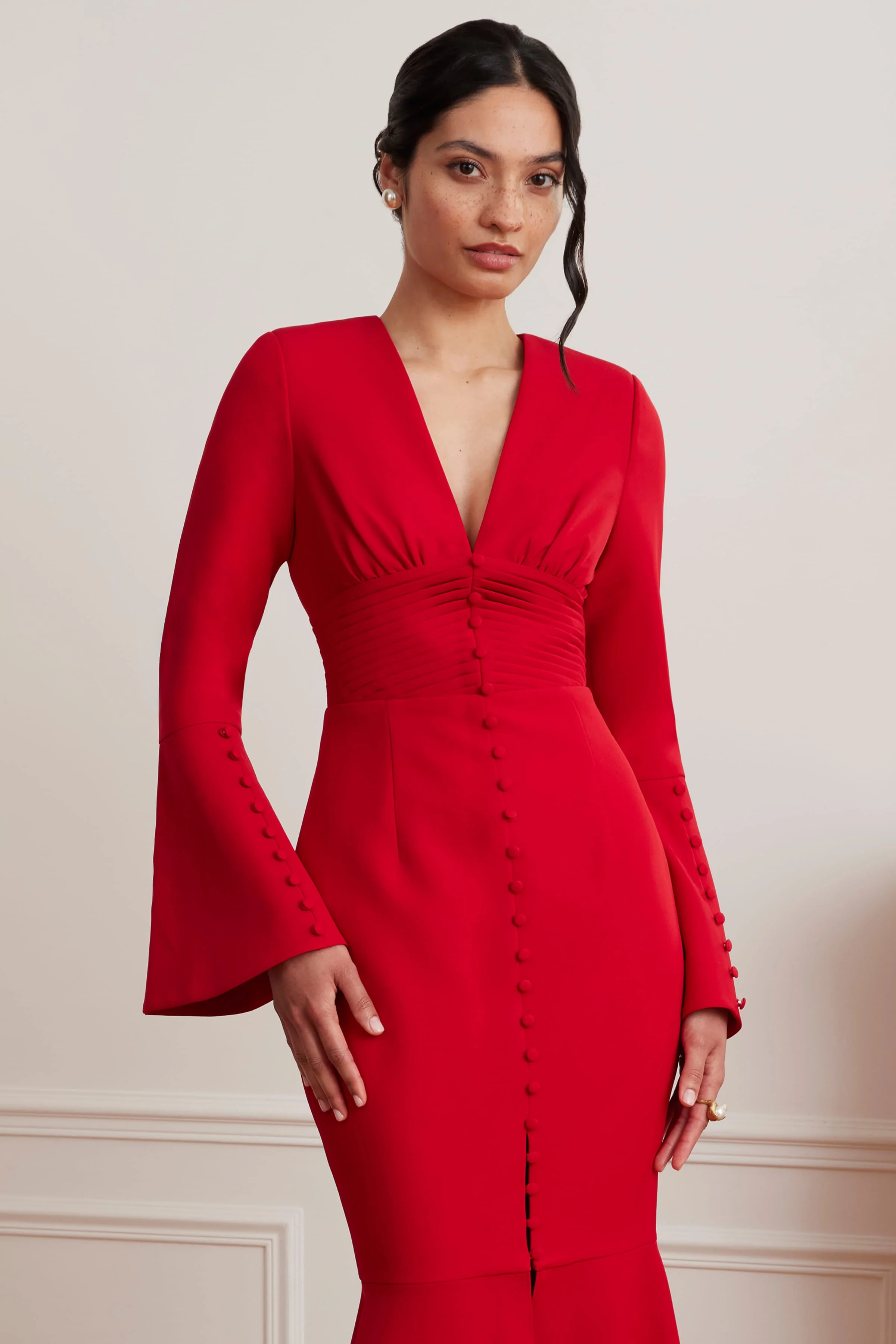 JOSIE Fluted Sleeve Fishtail Maxi Dress in Red - Image 4