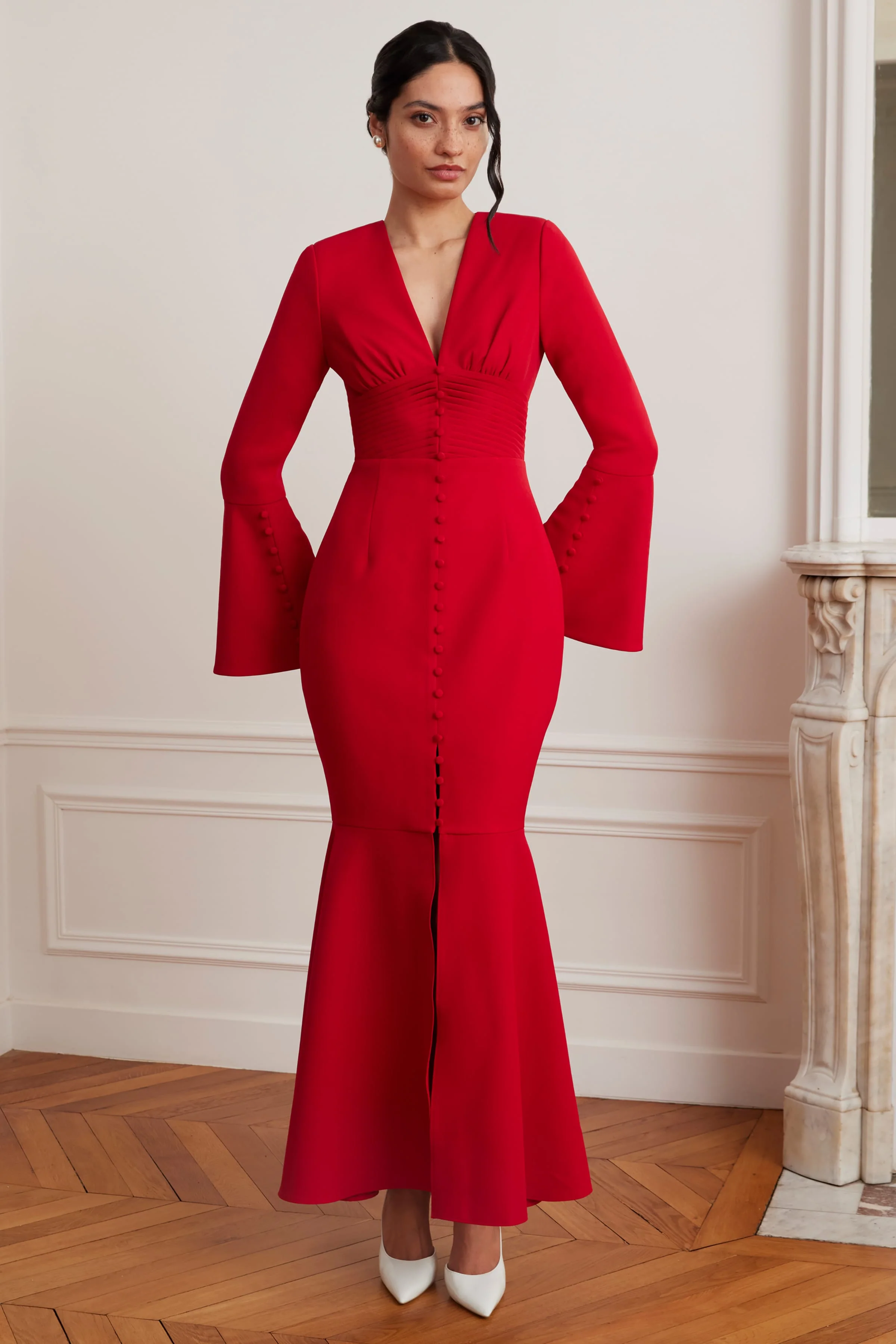 JOSIE Fluted Sleeve Fishtail Maxi Dress in Red - Image 5