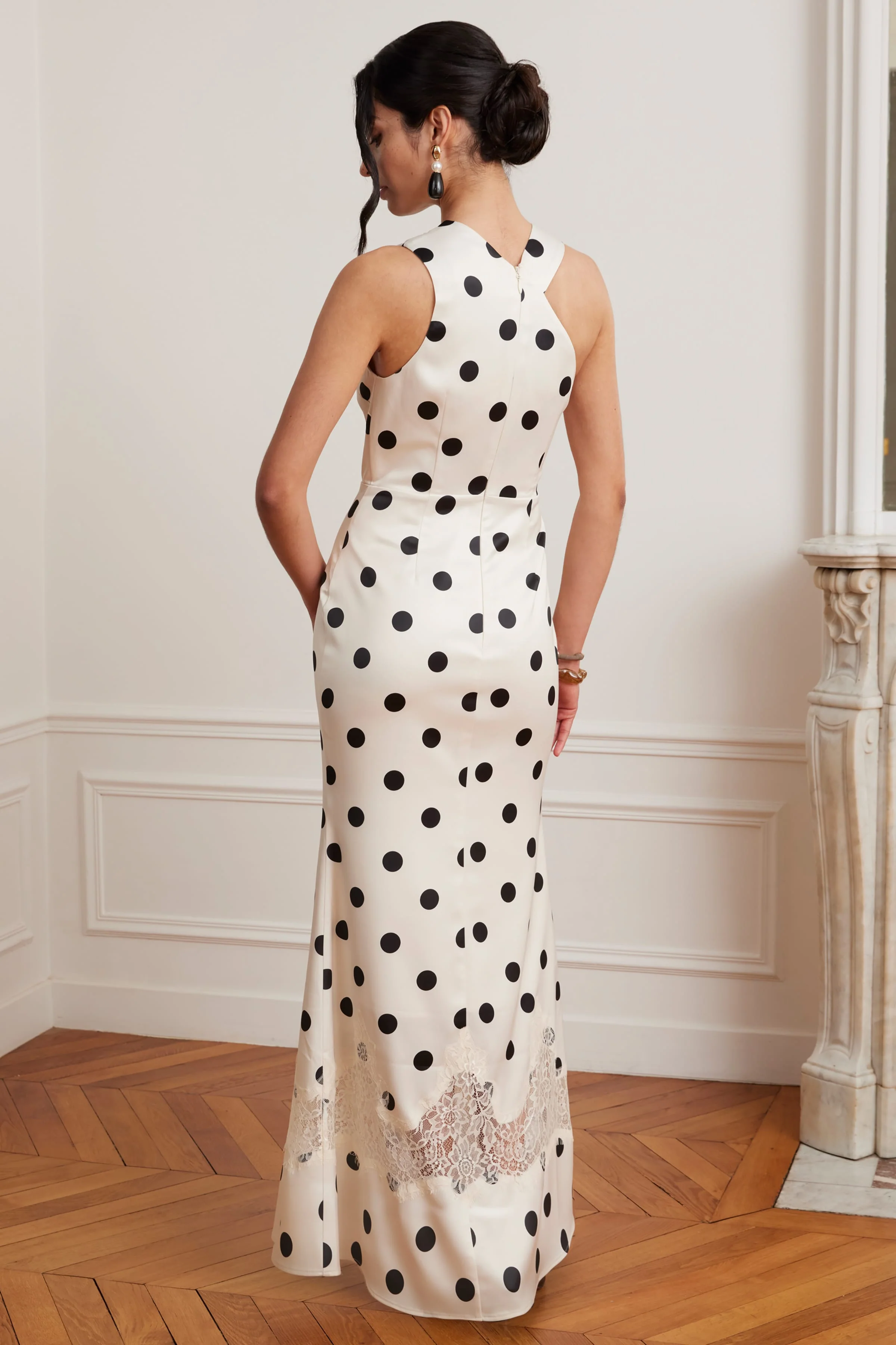 JULIANA Satin Scarf Neck Maxi Dress With Lace Insert In Polka Dot Print - Image 3