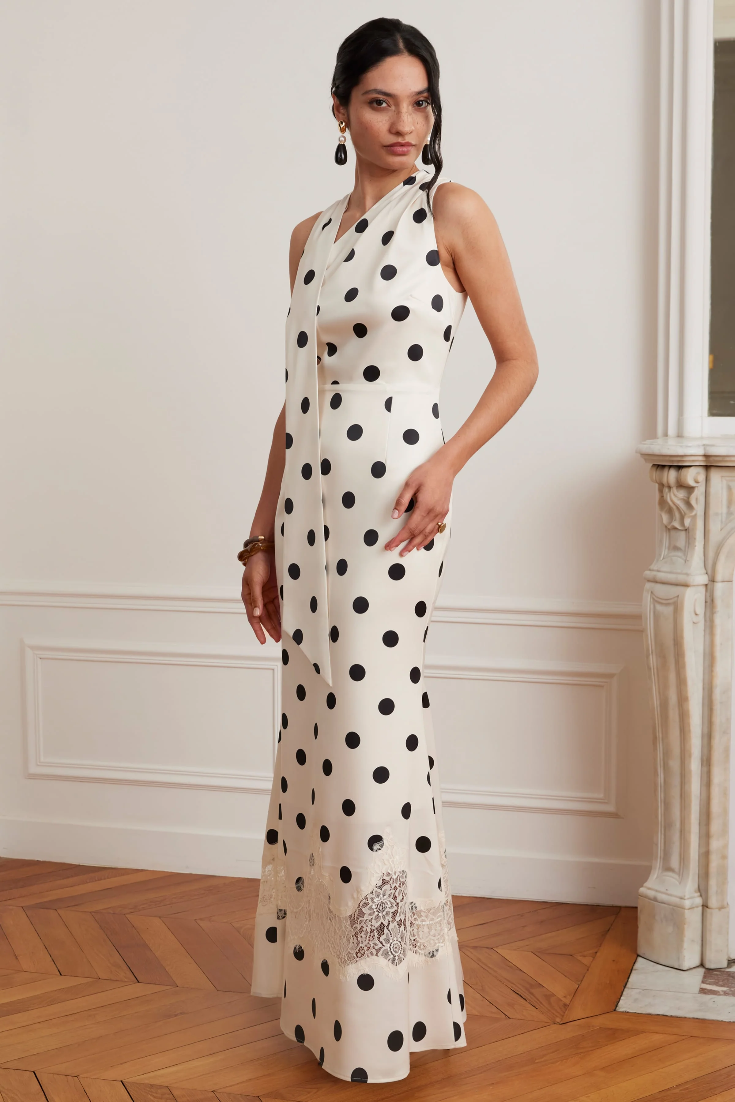 JULIANA Satin Scarf Neck Maxi Dress With Lace Insert In Polka Dot Print - Image 4